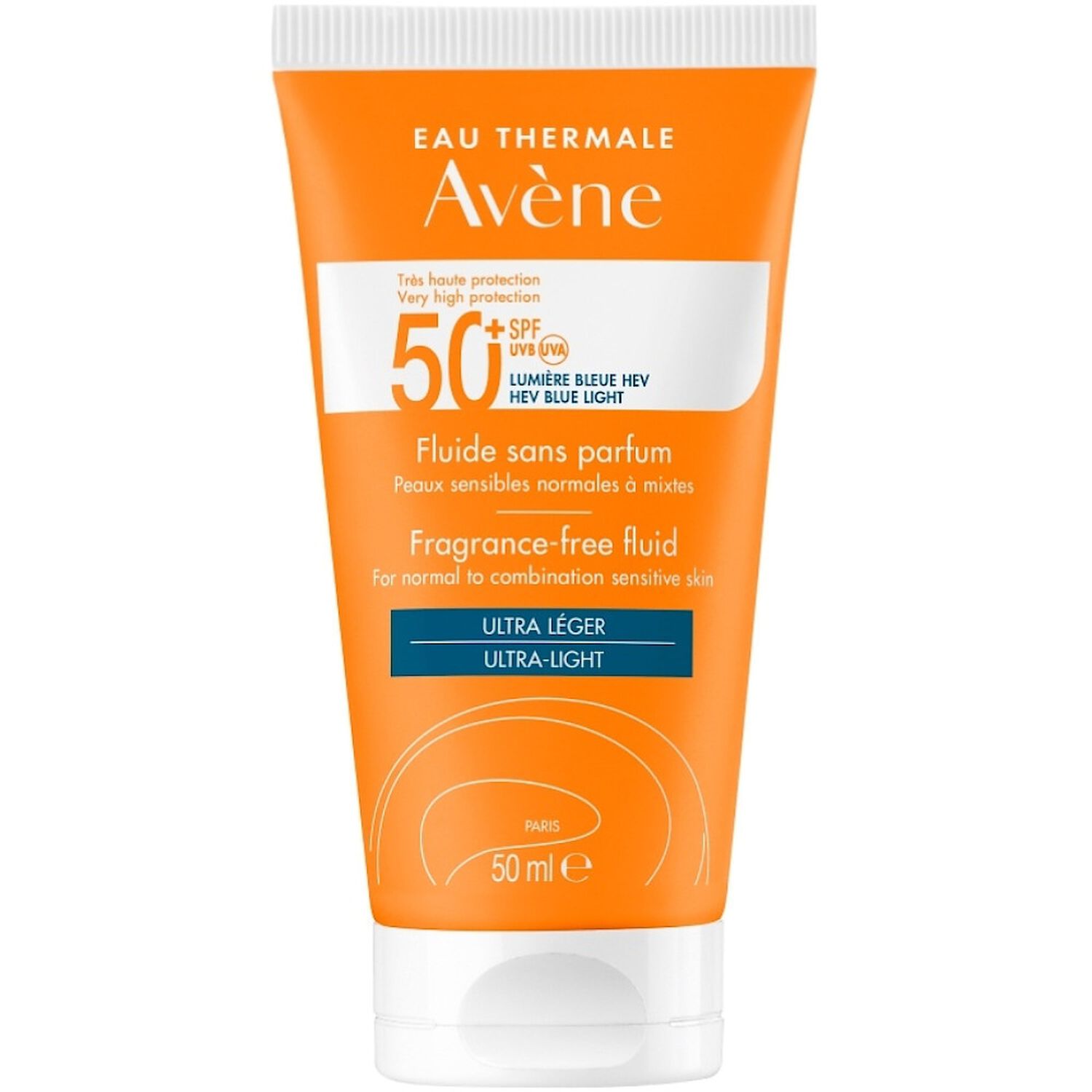 Eau Thermale Avène Solaire Fluide Visage SPF50+ Peaux Sensibles Normales à Mixtes, 50ml