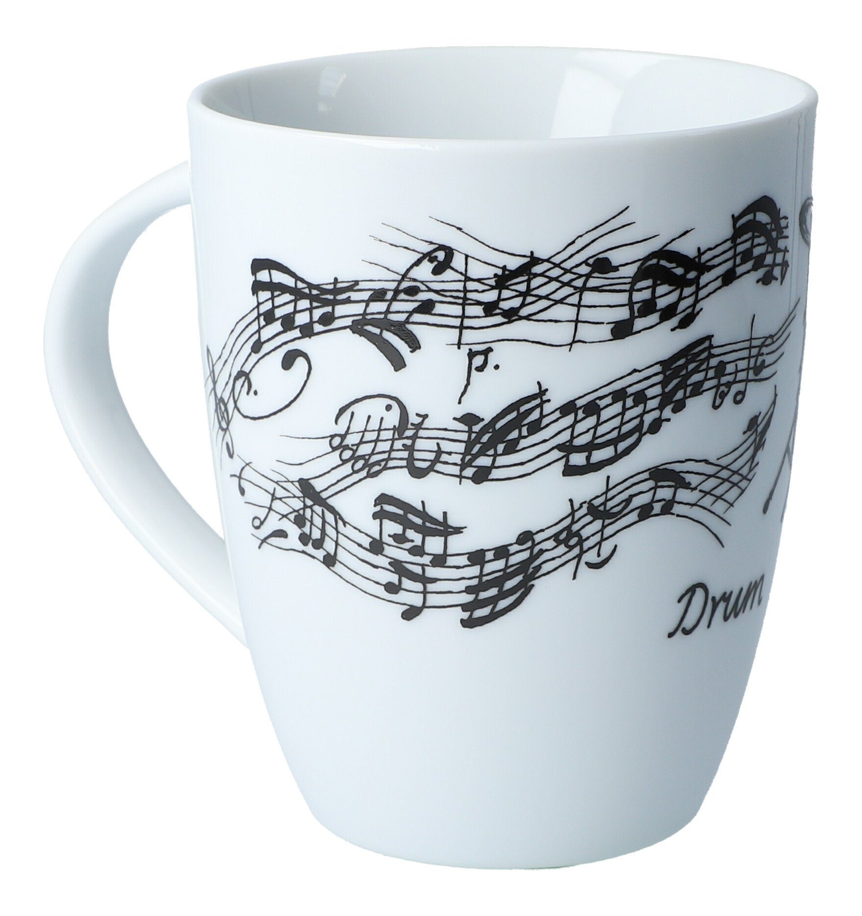 Musikboutique Becher, Porzellan, Henkelbecher aus Porzellan bedruckt mit Schlagzeug-Motiv, Tasse