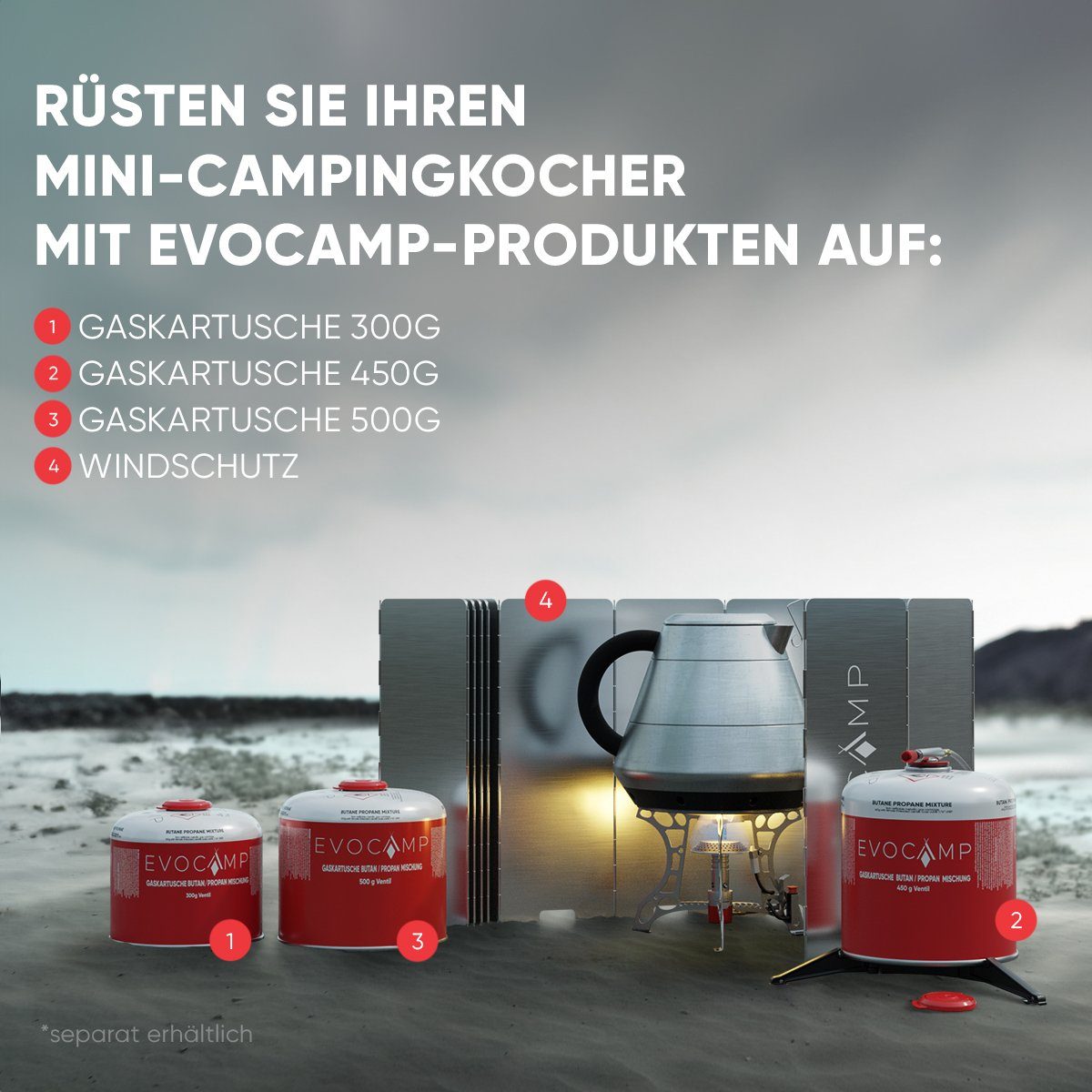 EVOCAMP Gaskocher Mini 3.2 kW mit Piezo-Zünder, ideal für Outdoor, Camping Stove, ohne Gaskartuschen