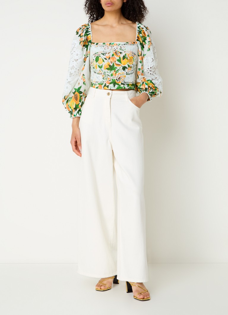 Farm Rio Papaya Salad crop top with print and openwork design