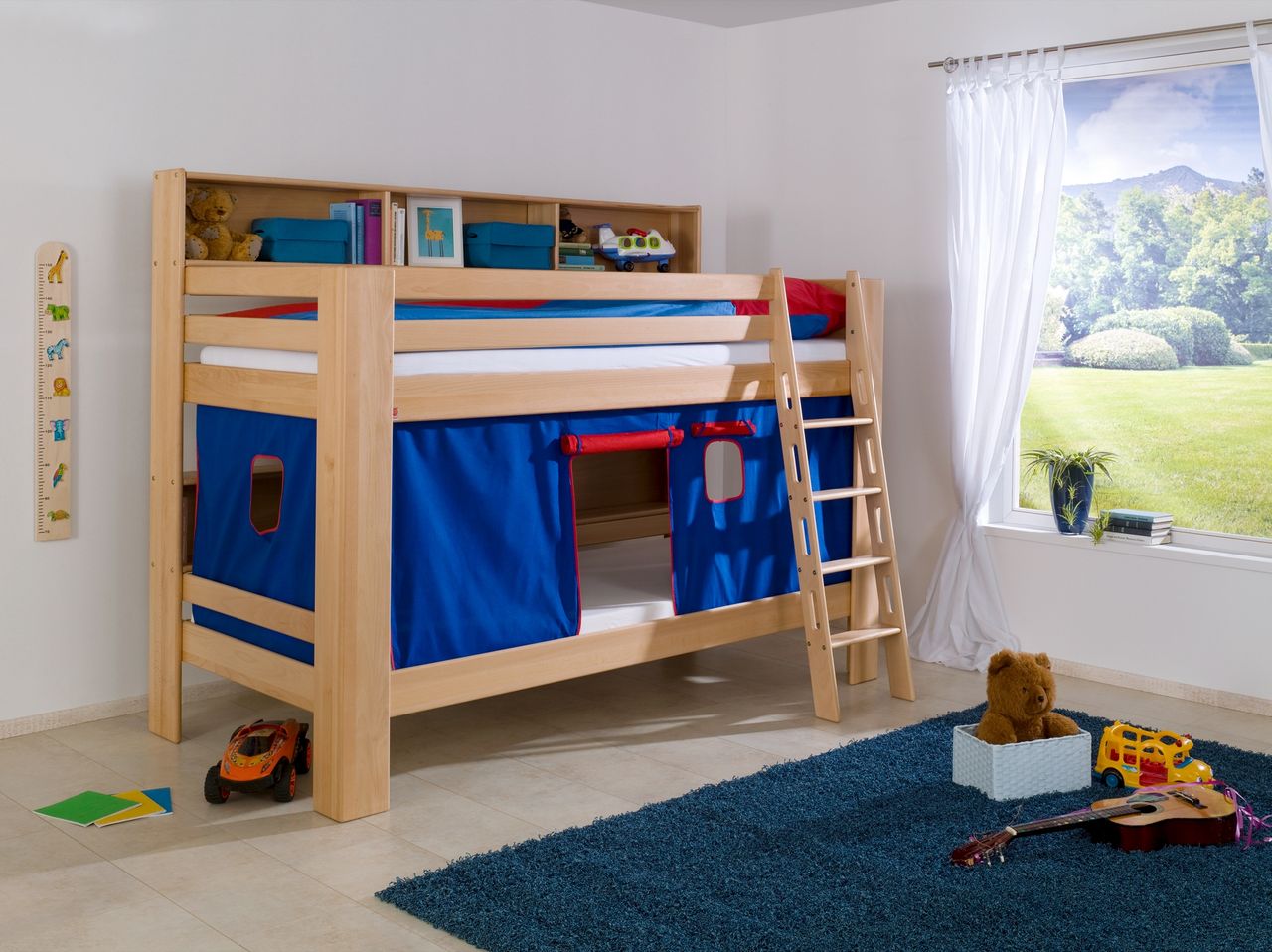 Relita Etagenbett Jan mit Bücherregal und Vorhang blau/rot