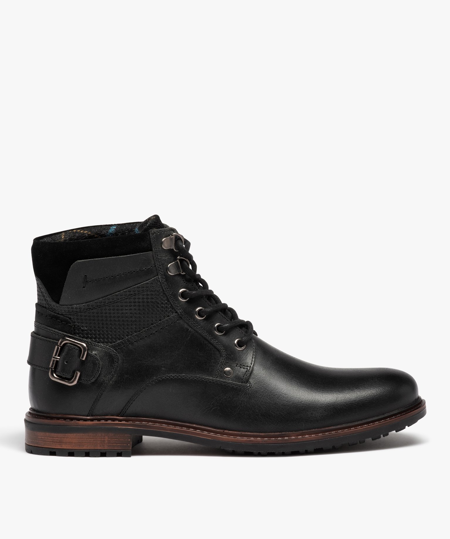 Boots homme dessus en cuir uni à lacets et bride à boucle ... noir | GEMO