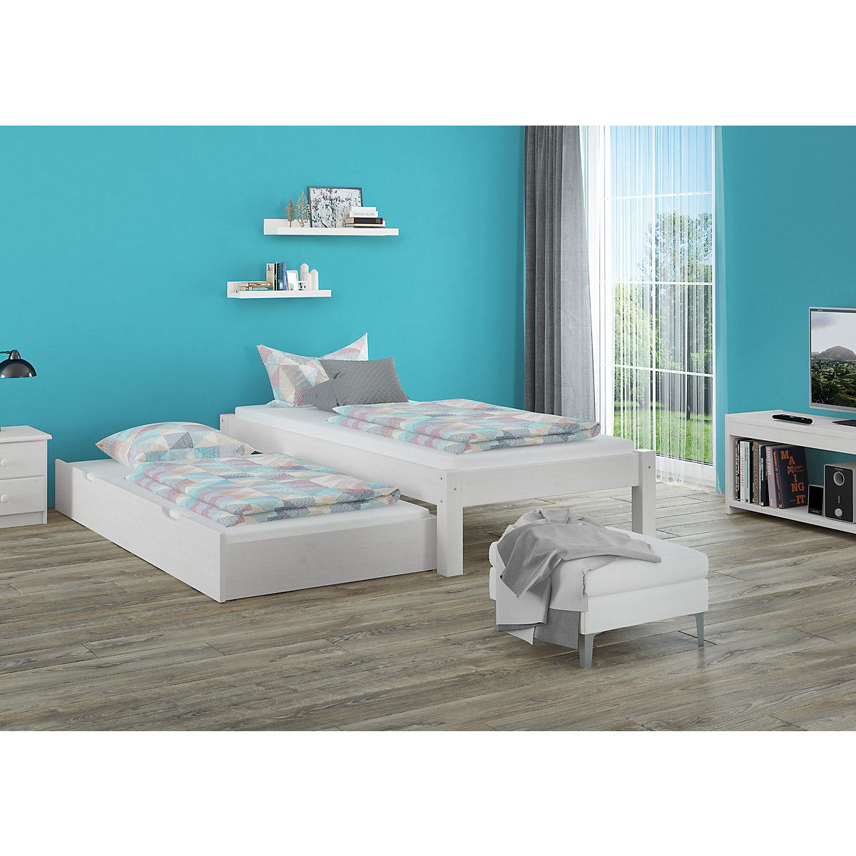 Weißes Jugendbett Kiefer massiv 90x200 mit Rost und Matratze