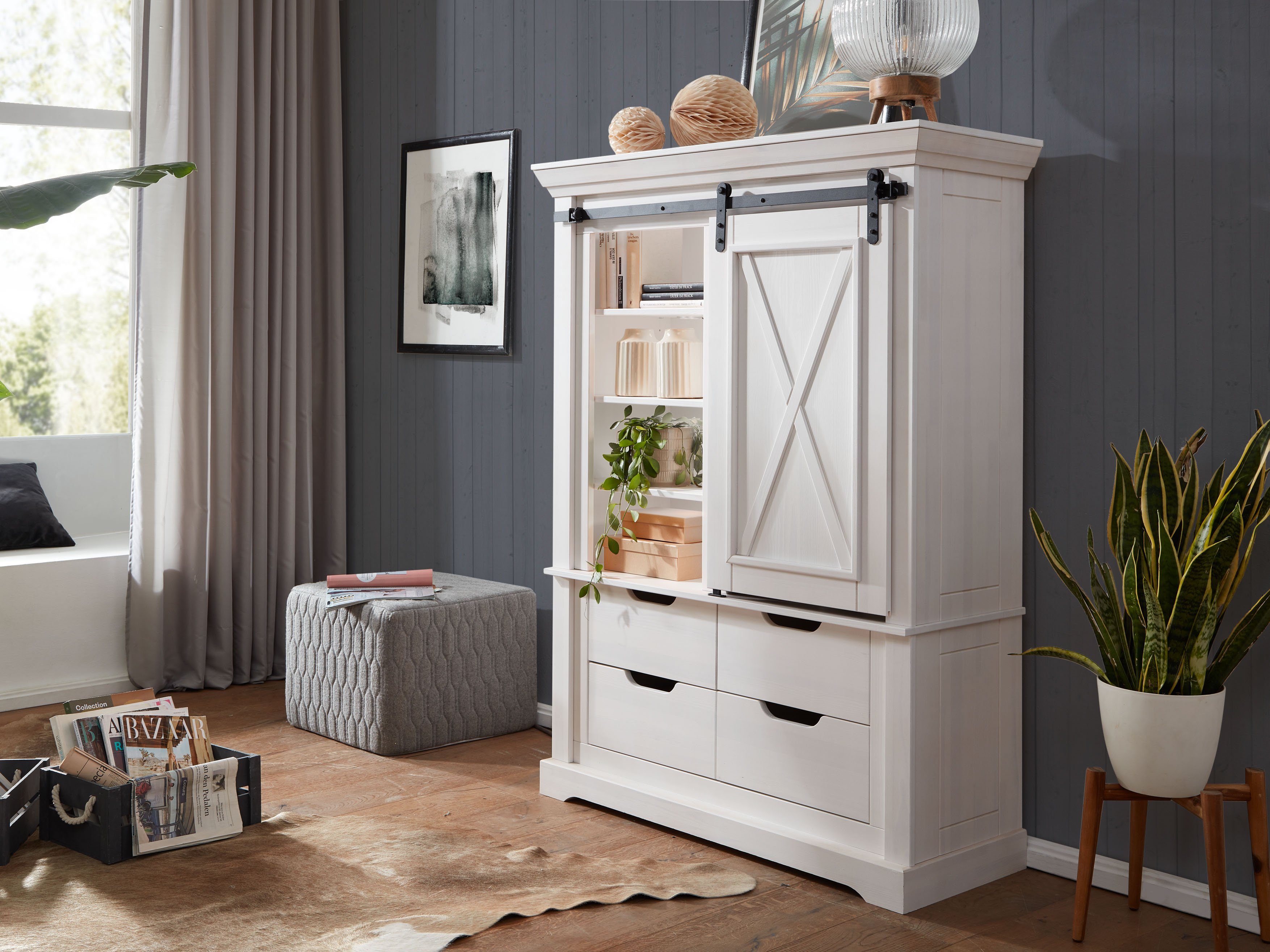 Woodroom Highboard Maribo, Kiefer massiv weiß, BxHxT 109x148x40 cm