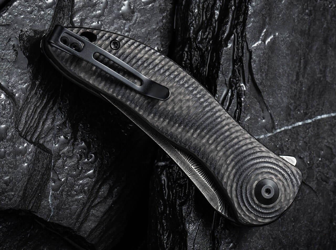 Synergy 3 Damascus G10 CF Black Trailing Point