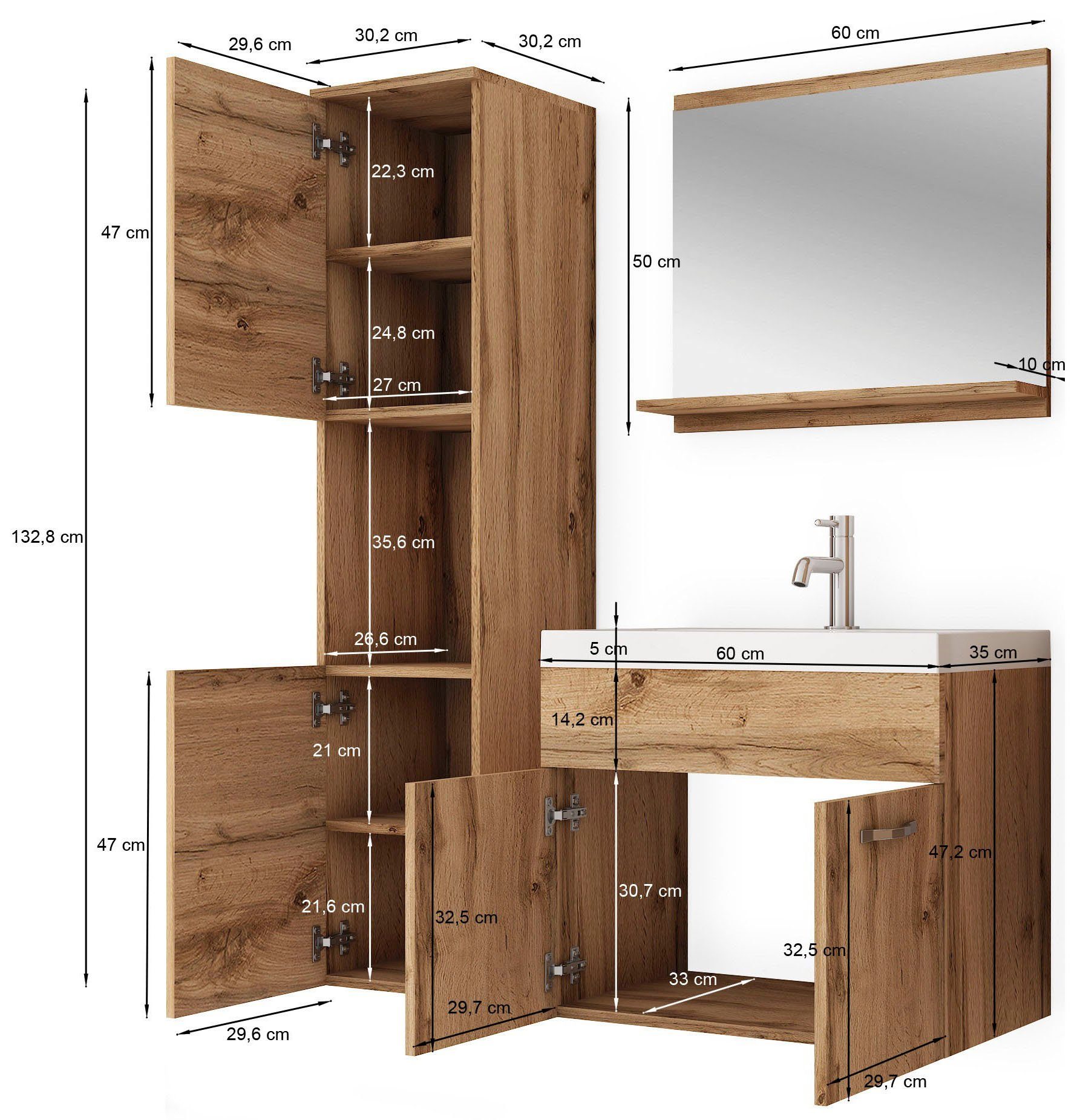 welltime Badmöbel-Set Lorca, Set L Lorca 60cm Waschbecken Unterschrank Hochschrank Waschtisch