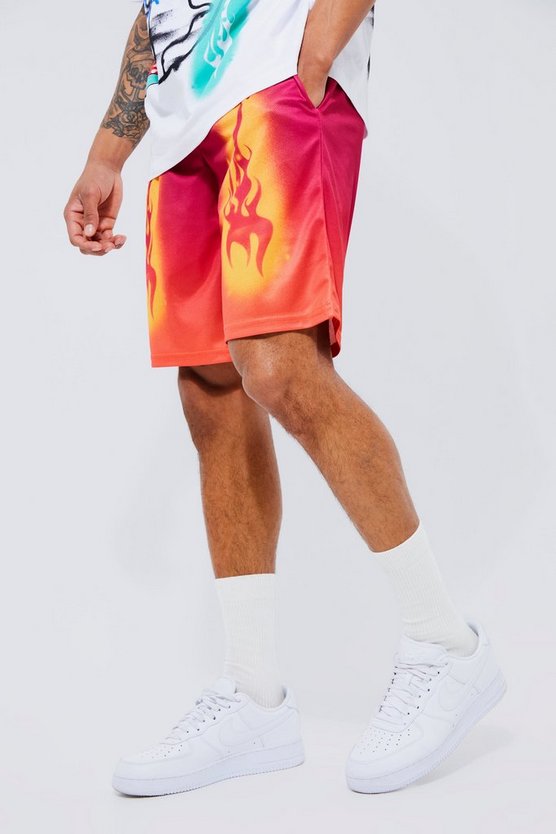 Mesh-Shorts mit Farbverlauf und Flammen