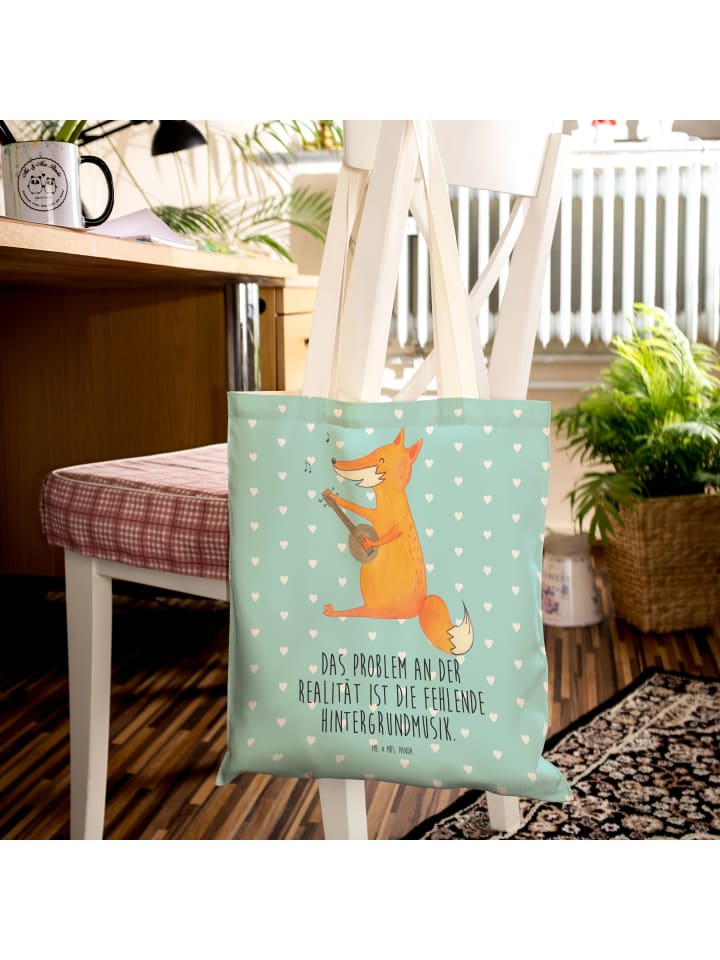 Mr. & Mrs. Panda Einkaufstasche Fuchs Gitarre mit Spruch in Türkis Pastell günstig kaufen onesize