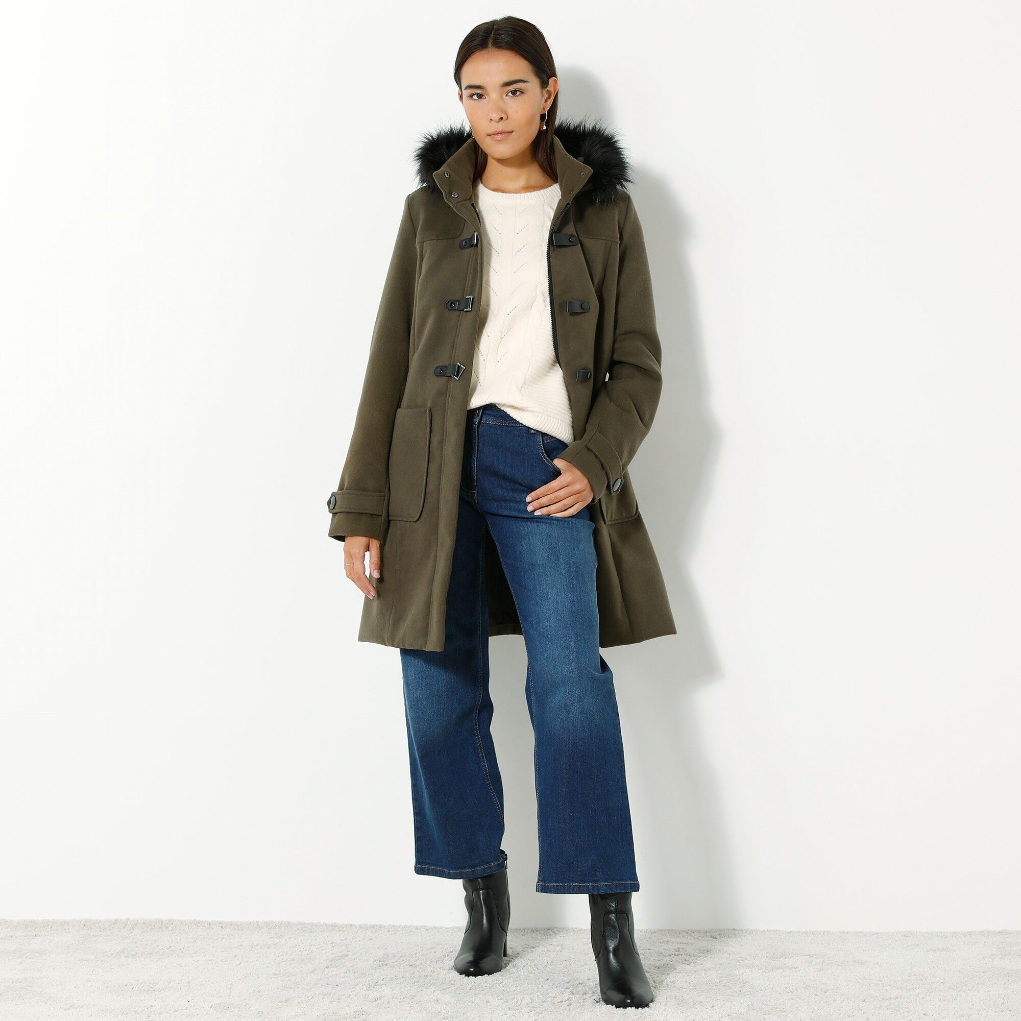 Duffle-coat capuche fausse fourrure uni