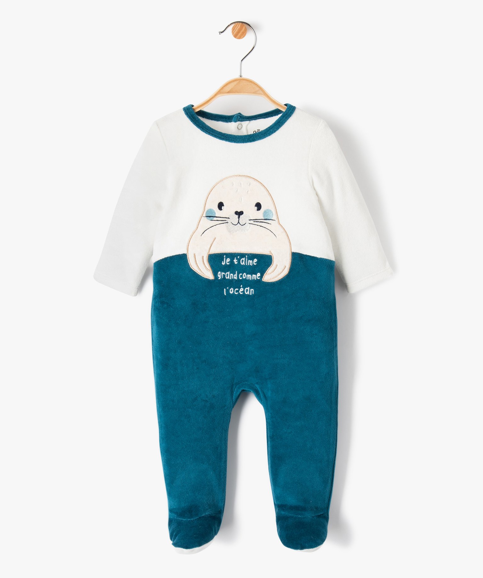 Pyjama dors-bien en velours bicolore bébé ecru | GEMO
