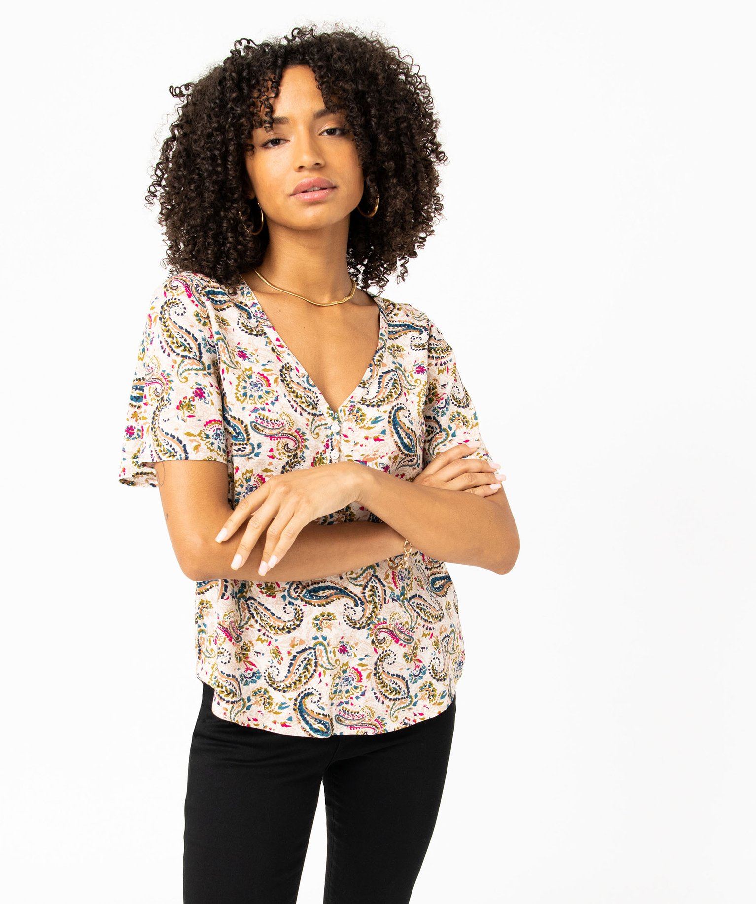 Blouse femme manches courtes en viscose fluide imprimée imprime | GEMO