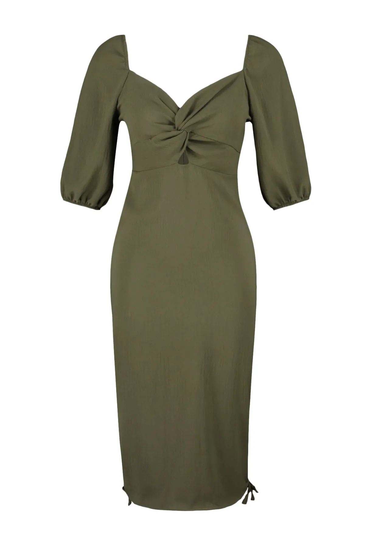 Trendyol Collection  Khakifarbenes, figurbetontes Mini-Webkleid mit Rüschendetail TWOSS23EL01347