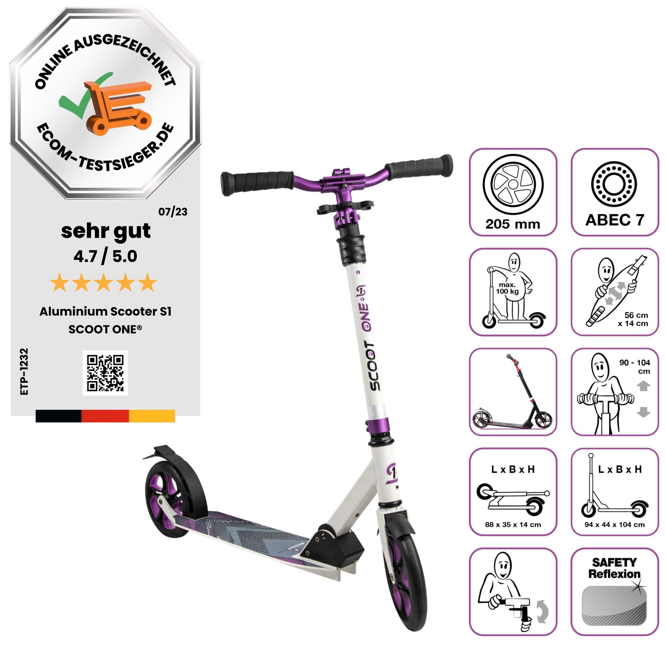 Scoot One Cityroller Höhenverstellbarer Tretroller S1, Kickroller 205mm – Aluminium Roller, klappbar