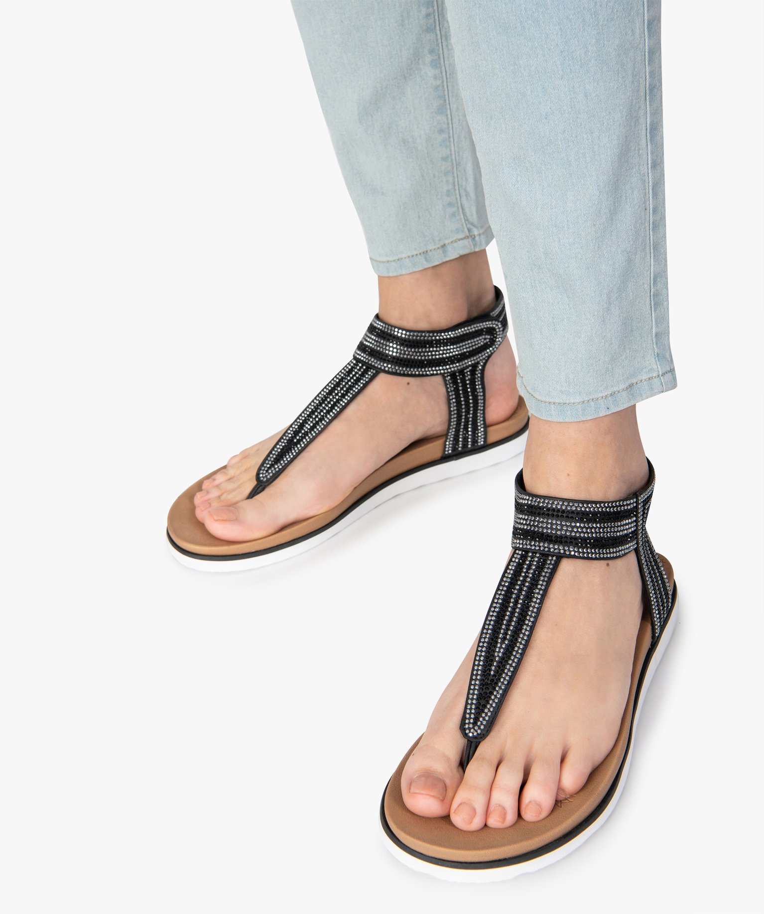 Sandales femme à entre-doigts et à strass - Skechers noir | GEMO