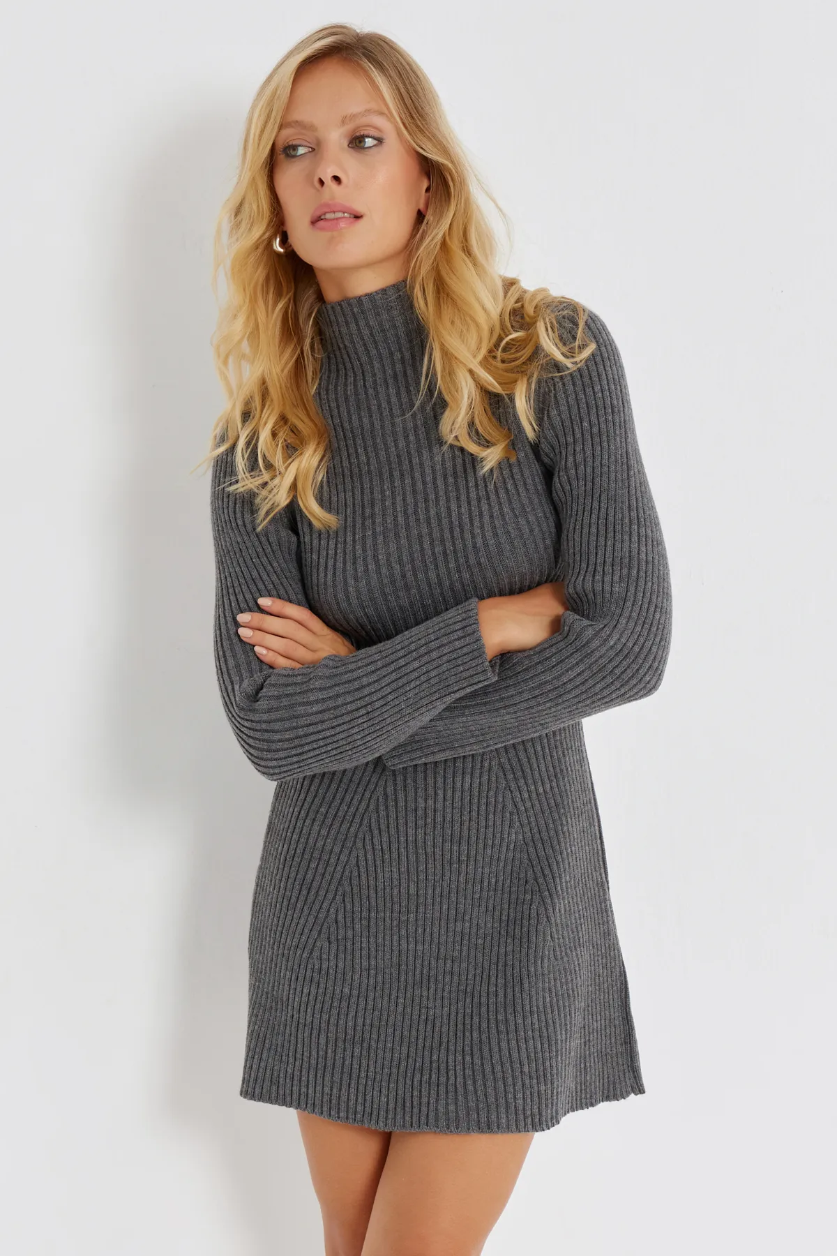 Cool & Sexy  Anthrazitfarbenes Mini-Strickkleid für Damen KED138