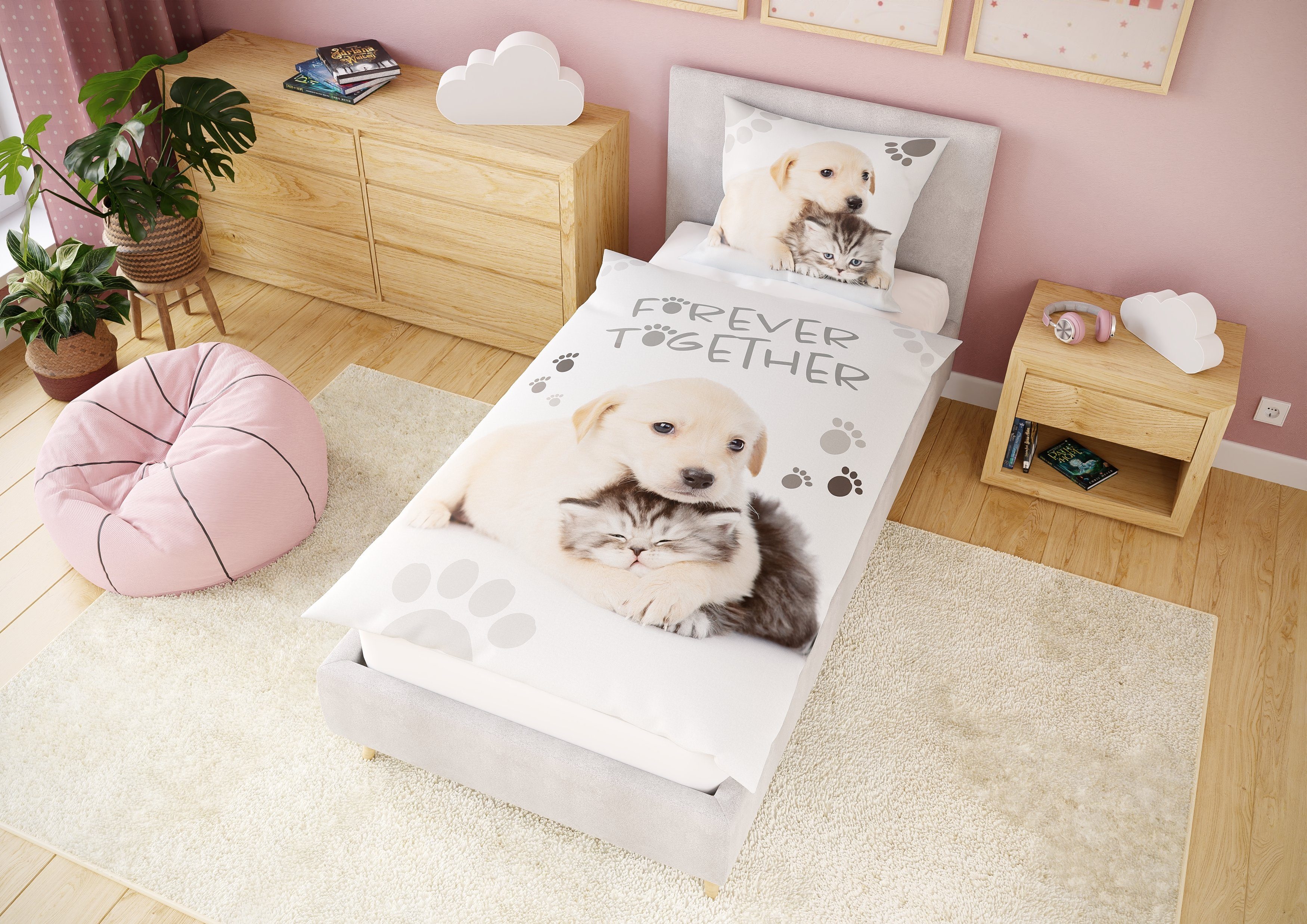 Kinderbettwäsche Leuchtende Bettwäsche 135x200 Kinder Bettwäsche Tiere + 10 SPIELE, Carpe Sonno, Baumwolle, 2 teilig, GLOW IN THE DARK Tier Bettwäsche Hund Katze