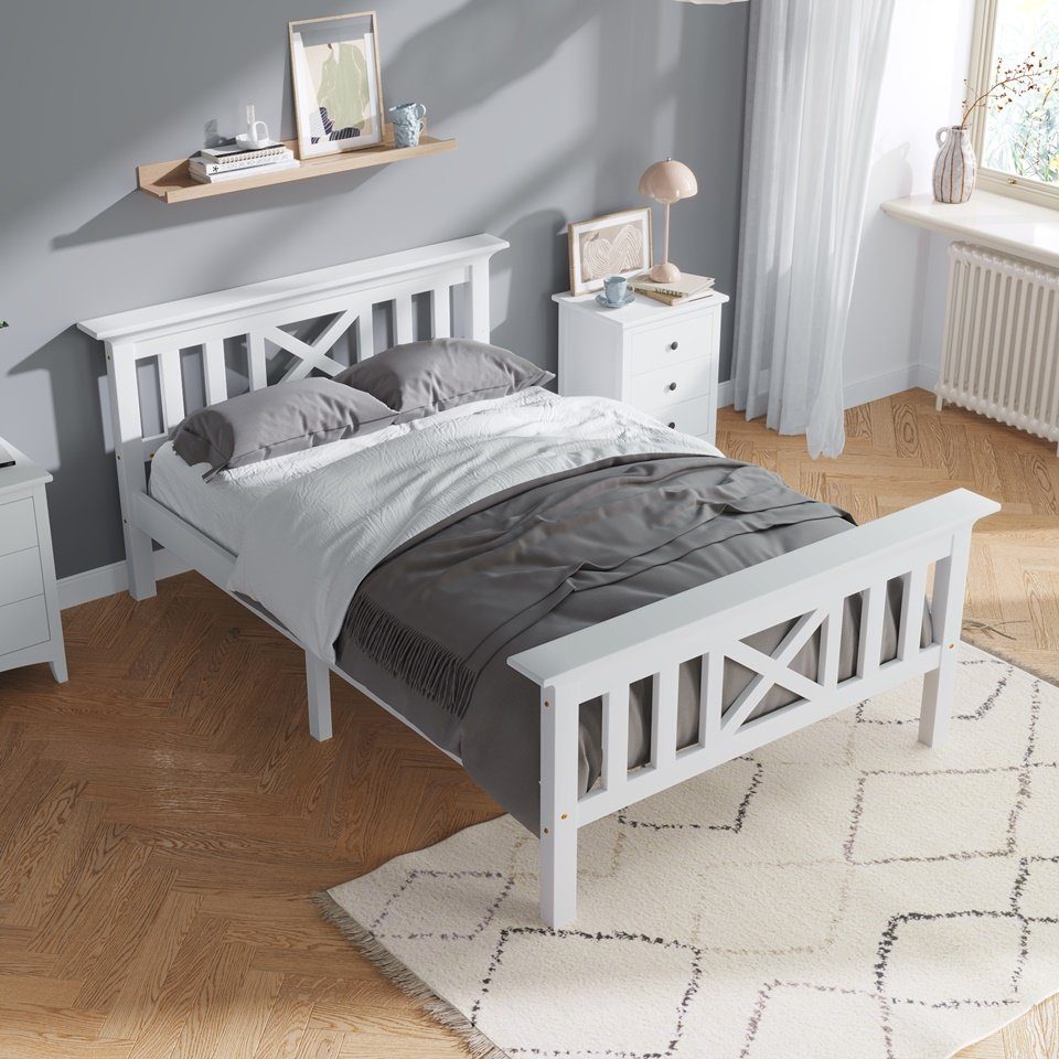Fangqi Massivholzbett Einzelbett aus Bettgestell mit Lattenrost Holzbett mit Kopfteil, Massivholz Kinderbett, Jugendbett, Kiefer massiv, weiß/grau