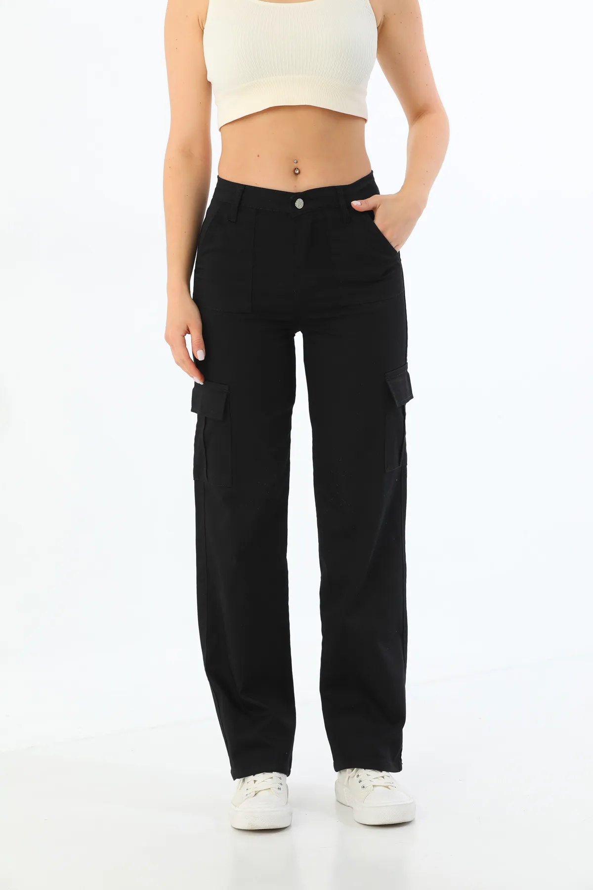 BİKELİFE  Schwarze Lycra-Hose mit hoher Taille und weitem Bein und Cargotaschen