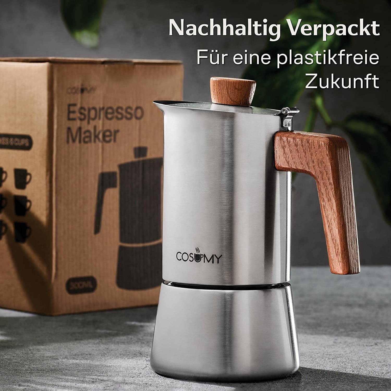 Cosumy Espressokocher Espressokocher 300ml mit Holzgriff, Induktionsgeeignet, FSC-zertifiziertes Eichenholz