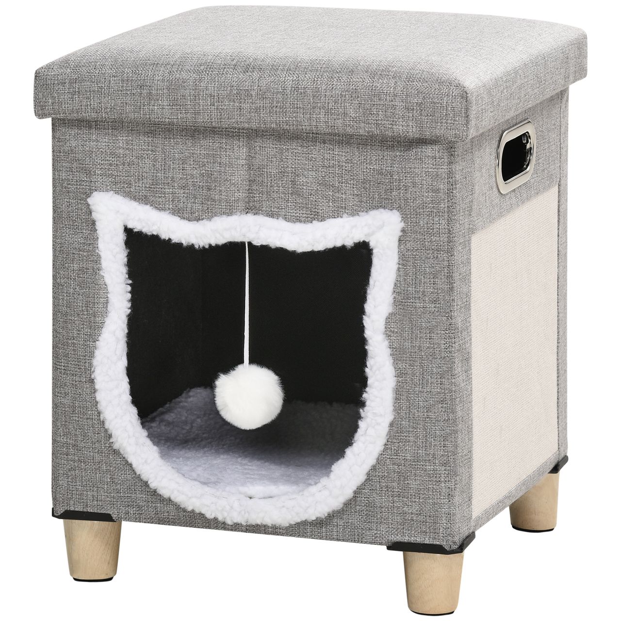 PawHut Katzenhöhle, Katzenhaus mit Kissen Ottomane mit Spielball Polyester, Grau