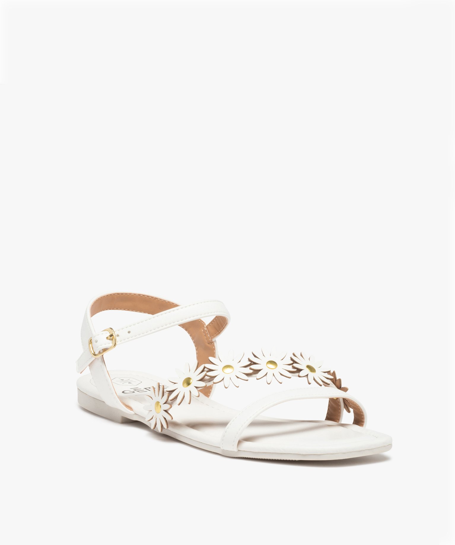 Sandales femme unies à talon plat et fleurs en relief blanc | GEMO