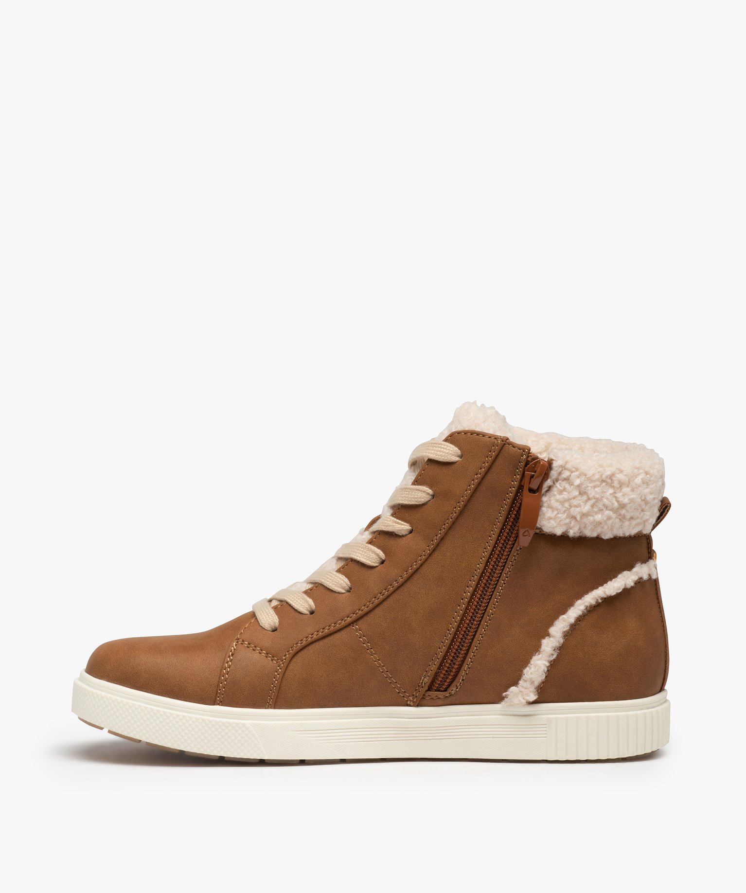 Baskets femme mid-cut unies à col sherpa marron | GEMO