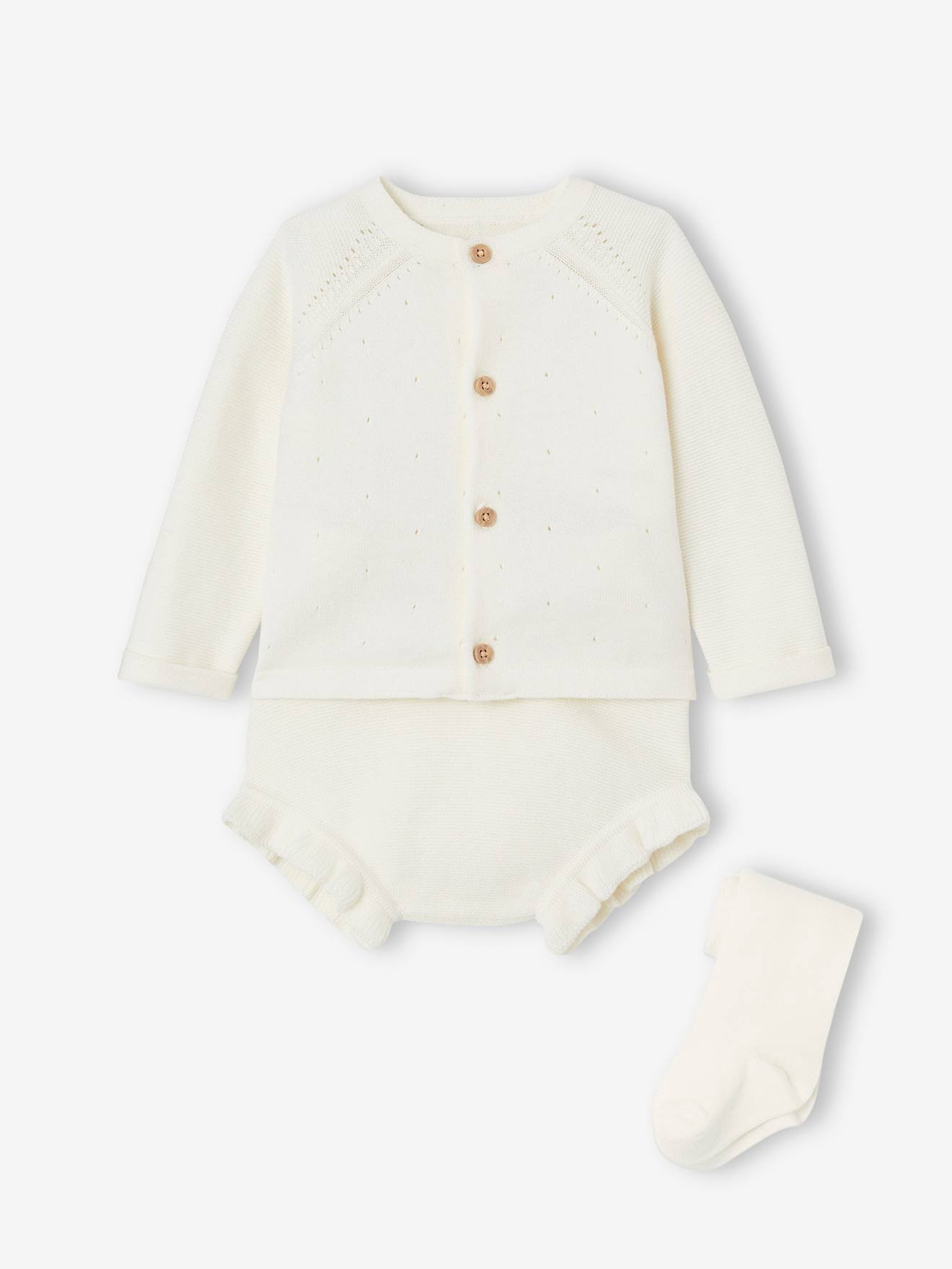 Vertbaudet Baby Strick-Set: Strickjacke, Shorts & Strumpfhose Oeko-Tex - wollweiß