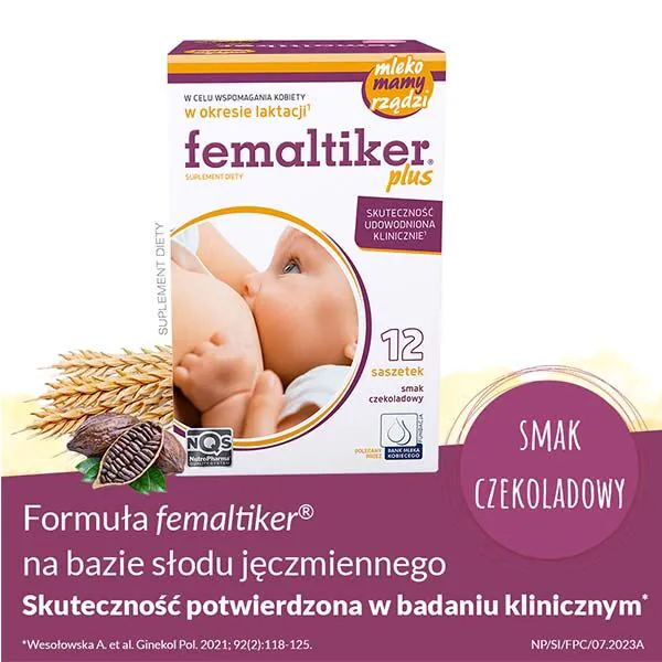 Femaltiker Plus, maisto papildas, palaikantis laktaciją, šokolado skonio paketėliai