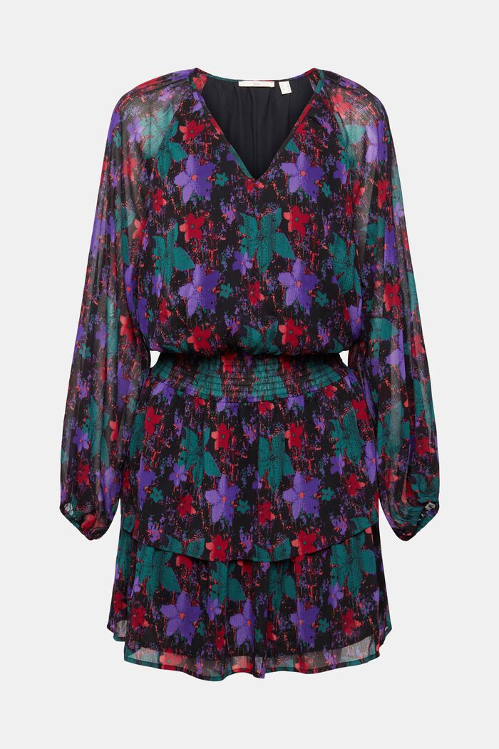 Gemustertes Chiffonkleid mit gesmokter Taille