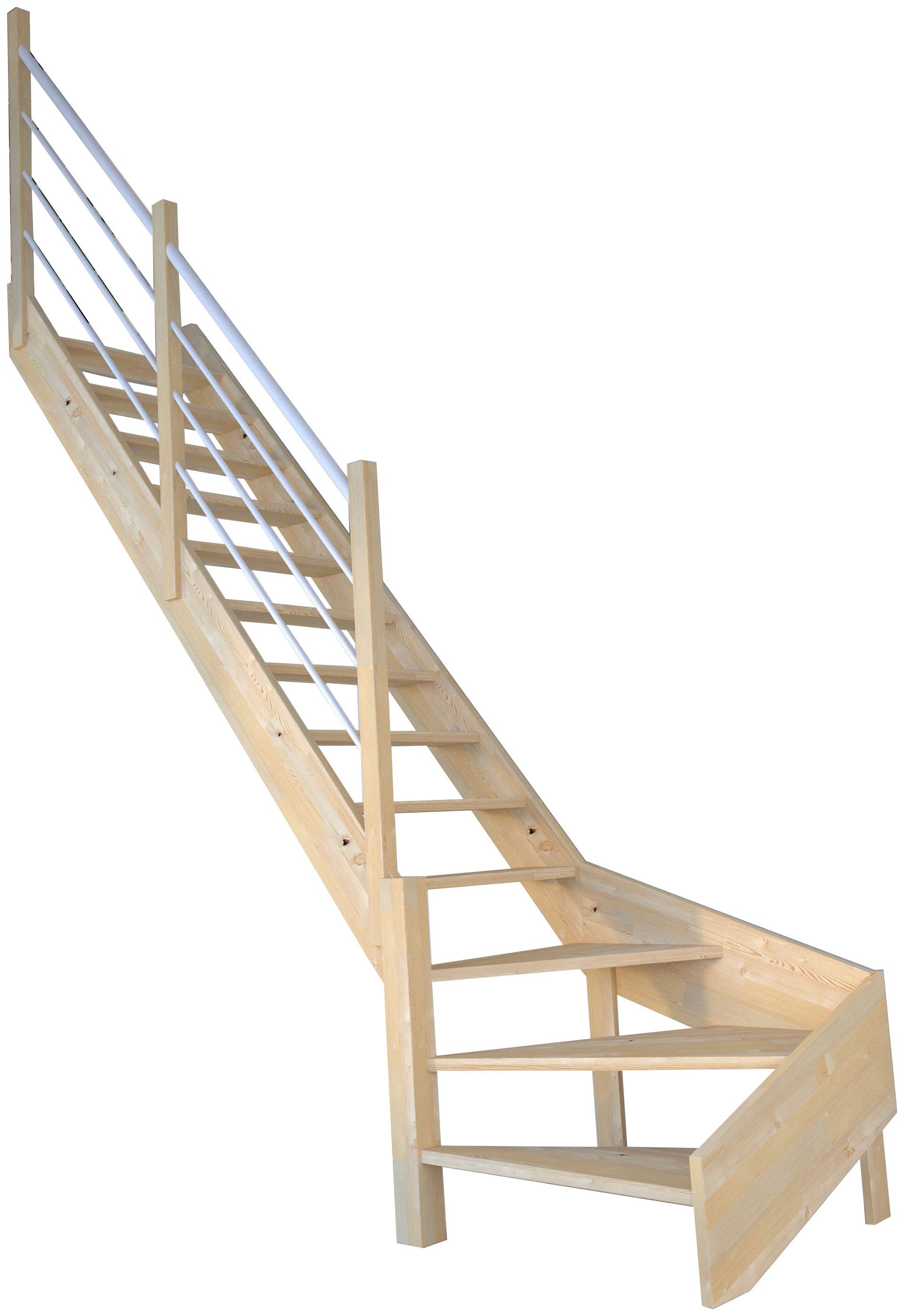 Starwood Raumspartreppe Massivholz Korfu, Holz-Edelstahlgeländer Weiß, für Geschosshöhen bis 300 cm, Stufen offen, gewendelt Links, Durchgehende Wangenteile