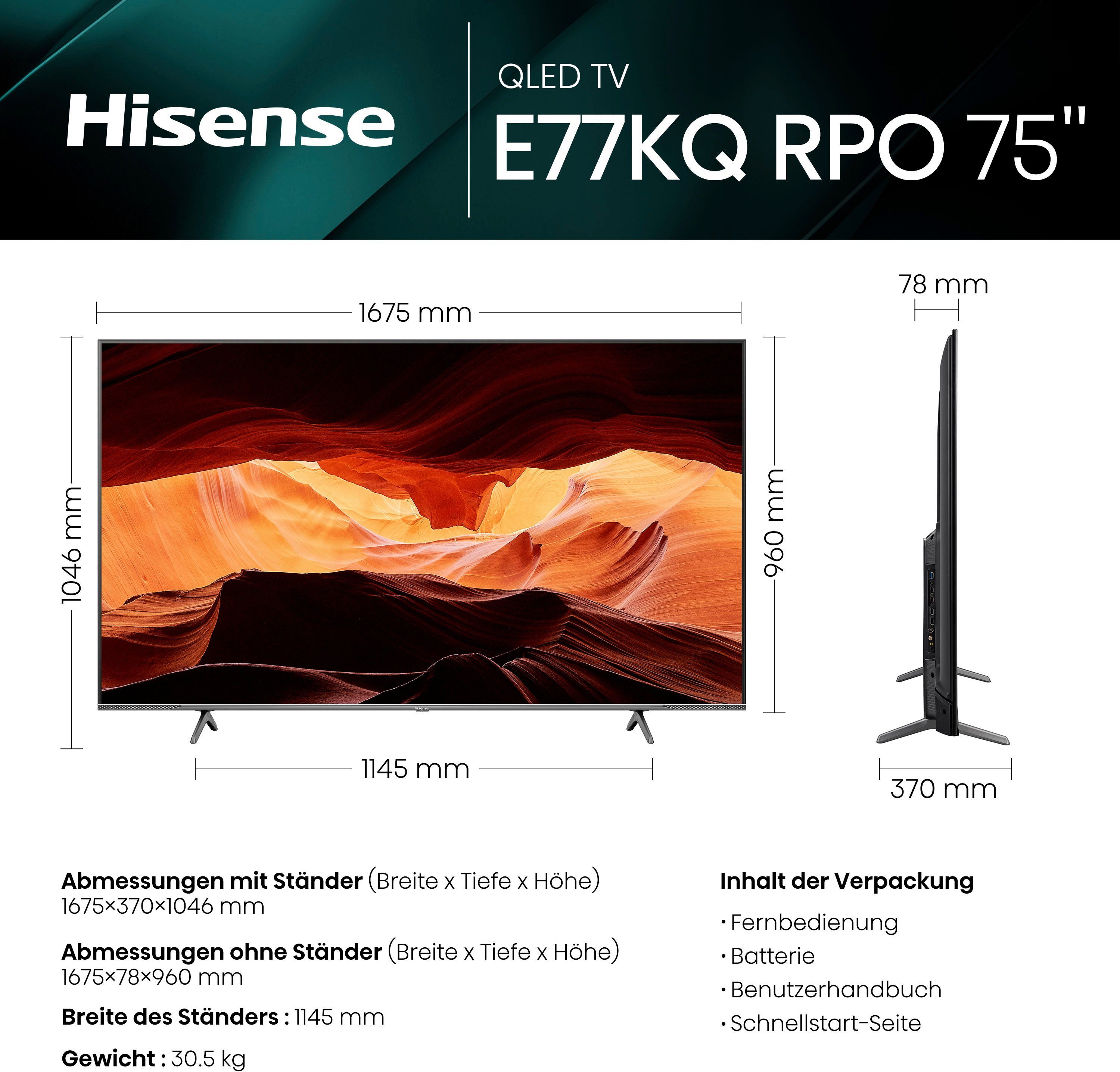 Hisense 75E77KQ PRO QLED-Fernseher (189 cm/75 Zoll, 4K Ultra HD, Smart-TV)