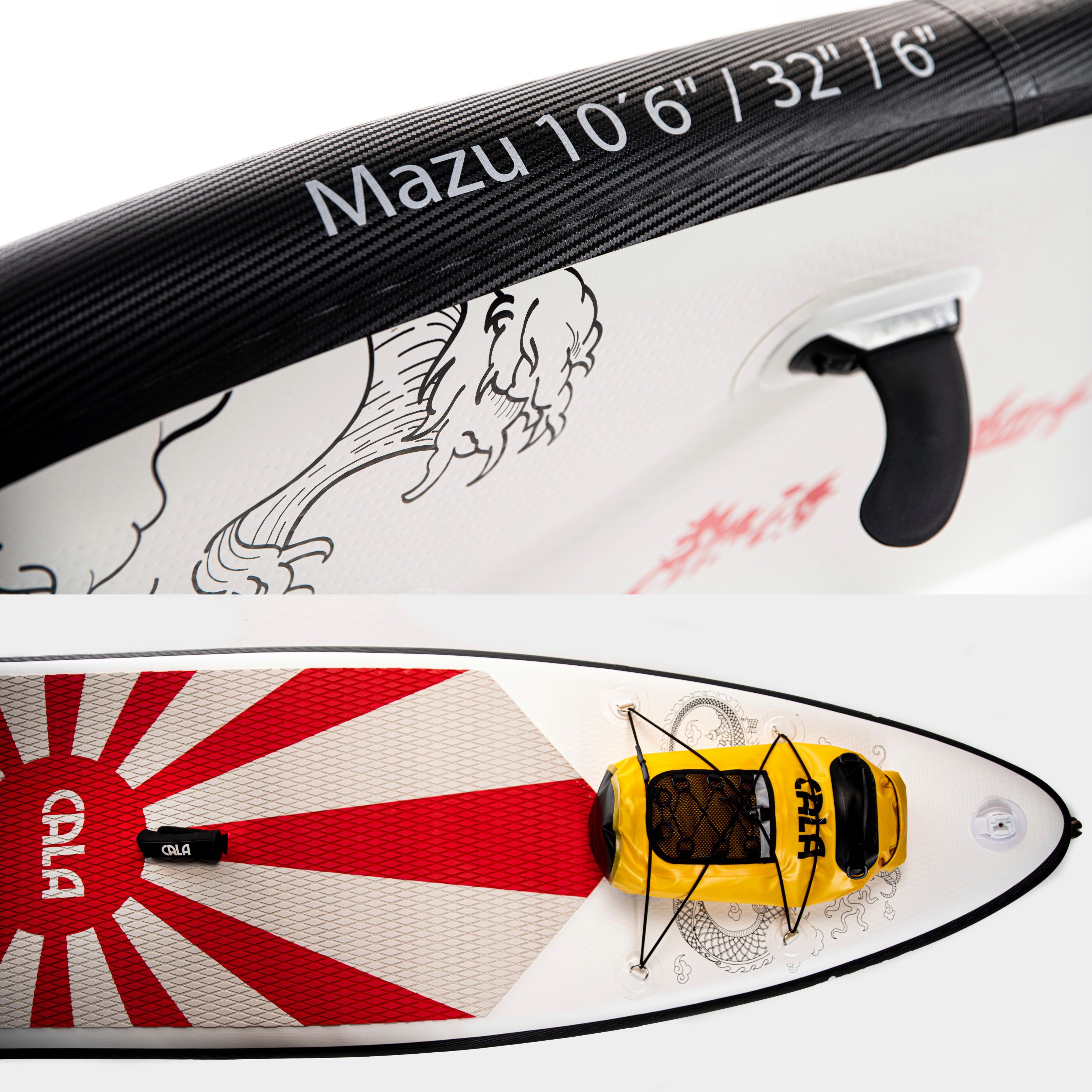 CALA SUP-Board MAZU, SUP- Board, aufblasbar, (Komplett-Set, SUP BOARD inkl. Rucksack-Trolley, Leash zu Sicherung, 3 abnehmbaren Finnen, Double Action Pumpe, Carbon-Paddel (775g), Reparatur Kit und Kamera Halterung), Allrounder für Anfänger und Fortge