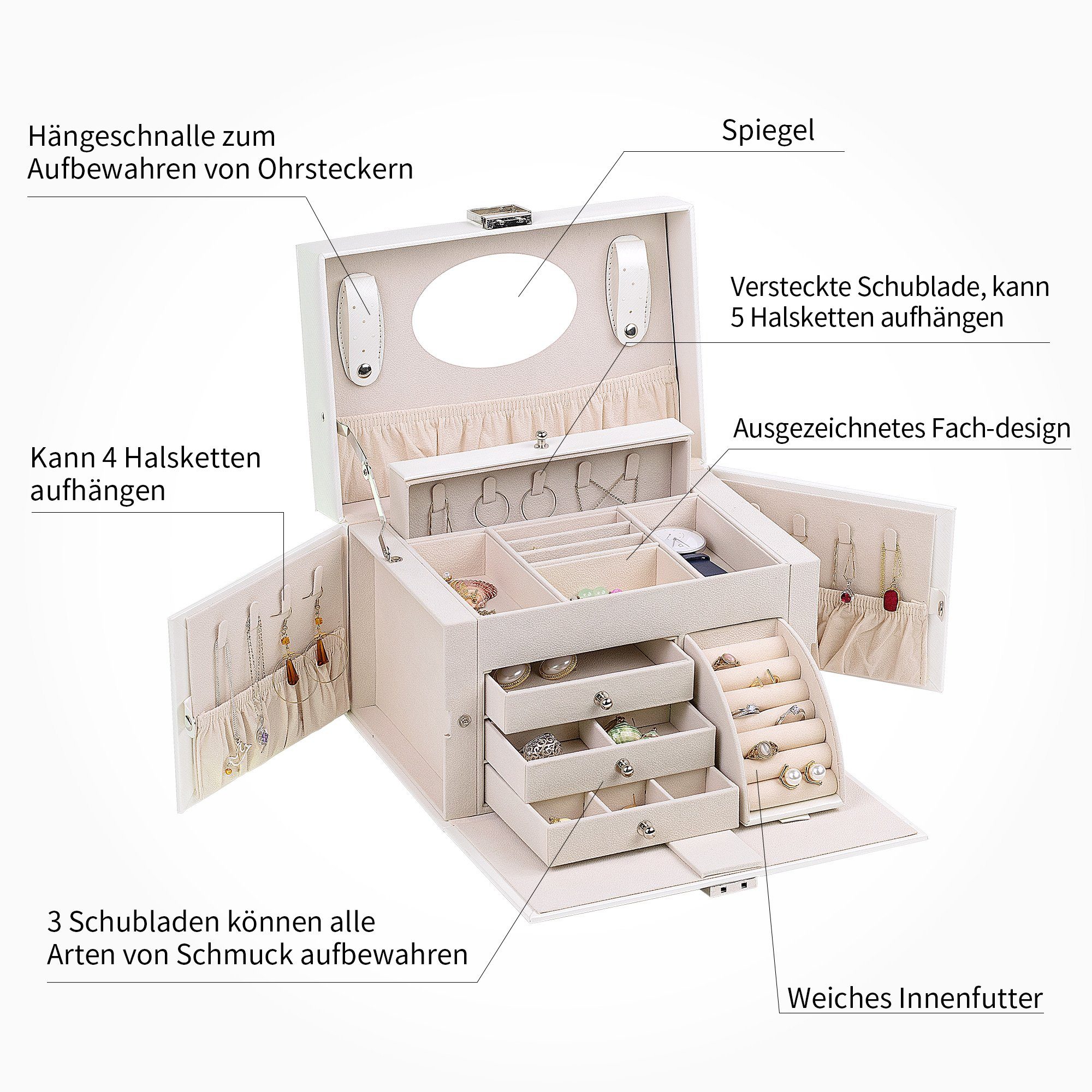 AdelDream Schmuckkasten YY-J08, Schmuckkoffer, abschließbar, 4 Ebenen mit 3 Schubladen