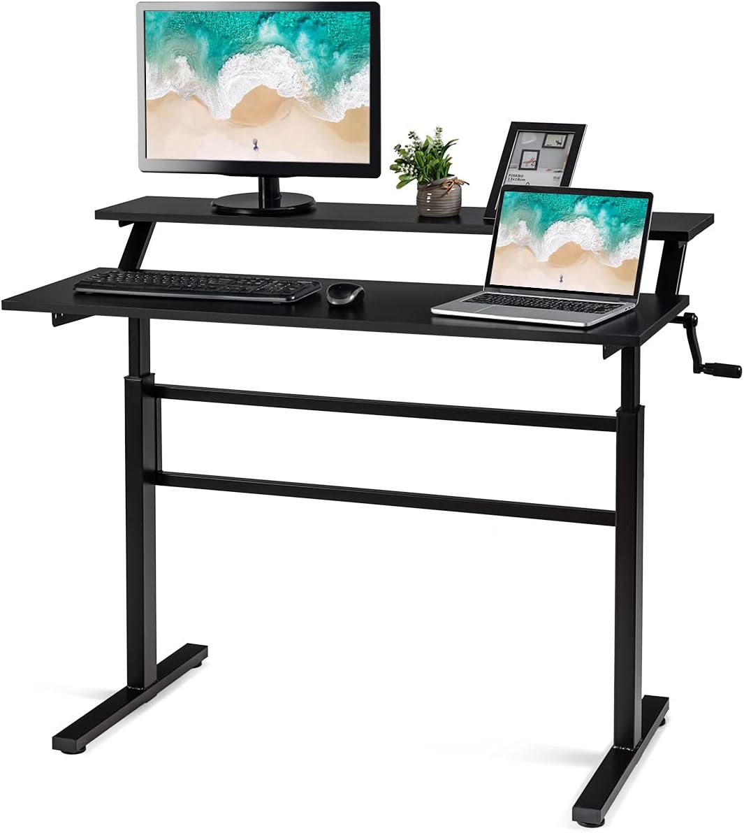 Costway COSTWAY Schreibtisch höhenverstellbar, Stehtisch mit Monitor Regal