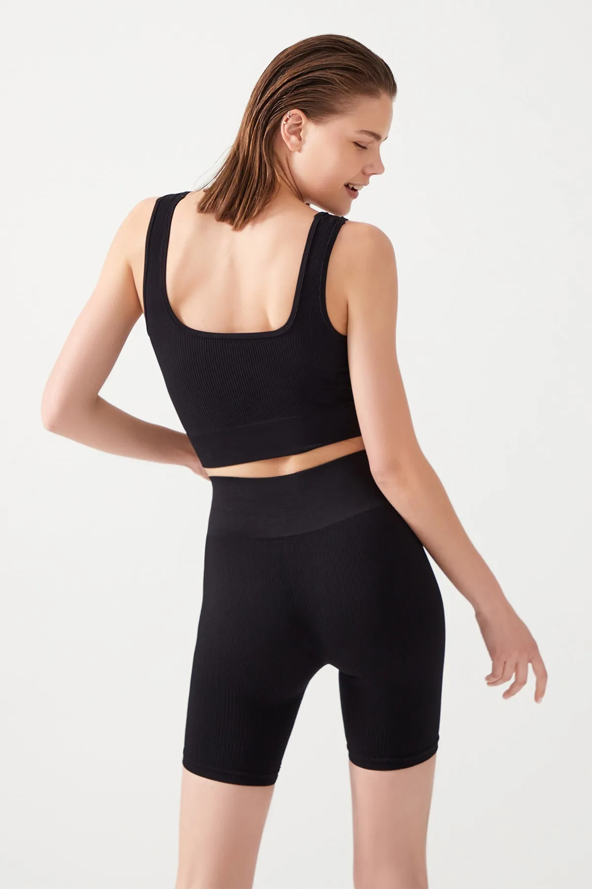 LOS OJOS  Schwarzes, geripptes, bauchfreies Bustier-Top für Damen mit quadratischem Ausschnitt