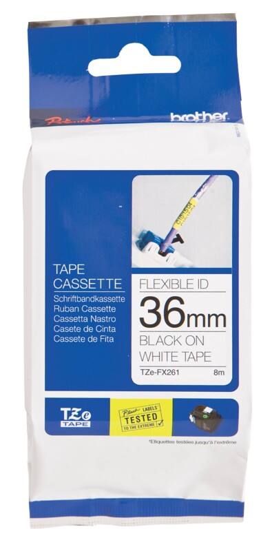 Brother TZe-FX261 Authentic Flexibles Schriftband Selbstklebend Schwarzer Druck auf Weiß 36 mm x 8m