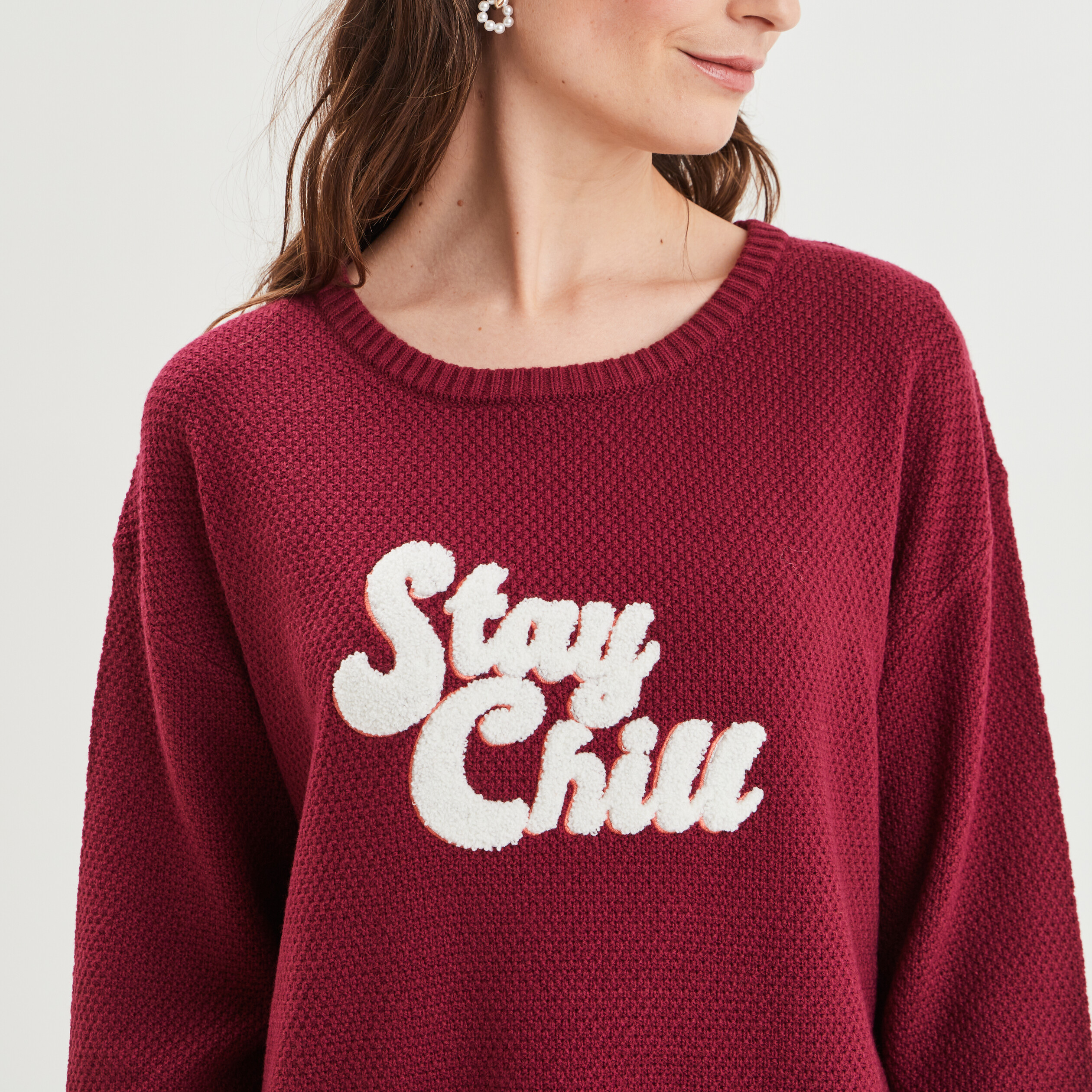 Pull col rond bordeaux femme | La Halle