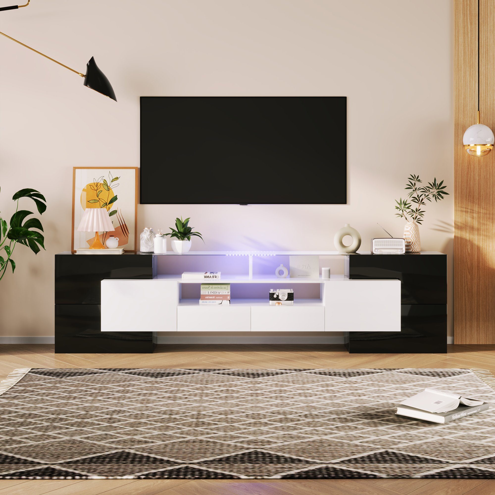 REDOM TV-Schrank Lowboard (1-St., Schwarz+Weiß, 200 cm) Elegante Glasoberfläche., LED-Beleuchtung