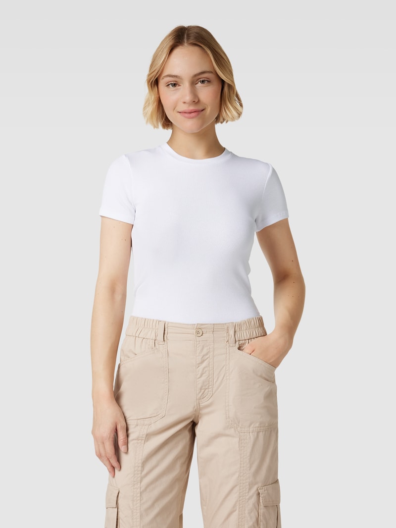 Damen T-Shirt aus Viskose-Elasthan-Mix in Feinripp-Optik in weiß