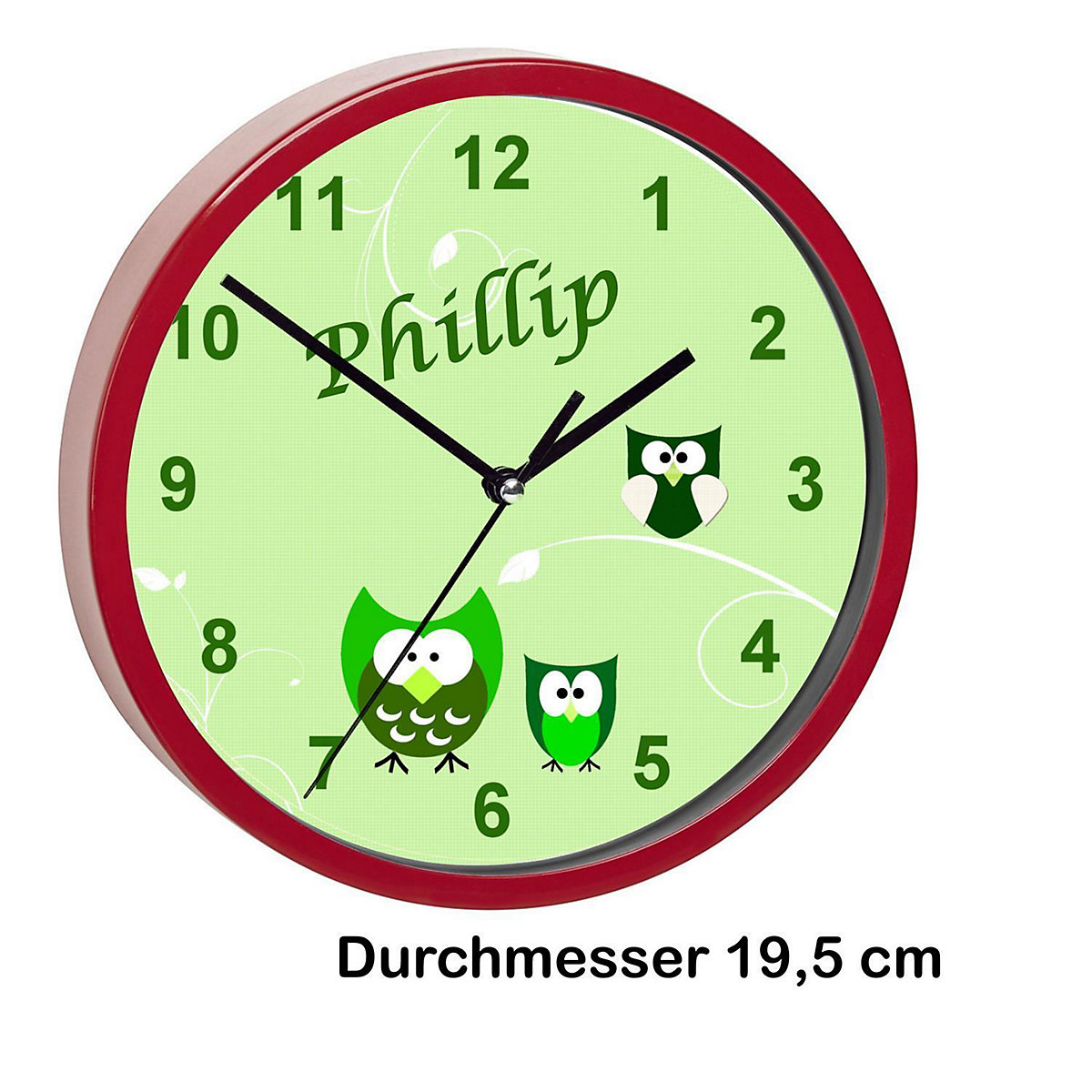 Kinder Wanduhr laufruhig personalisiert mit Name Eule Grün