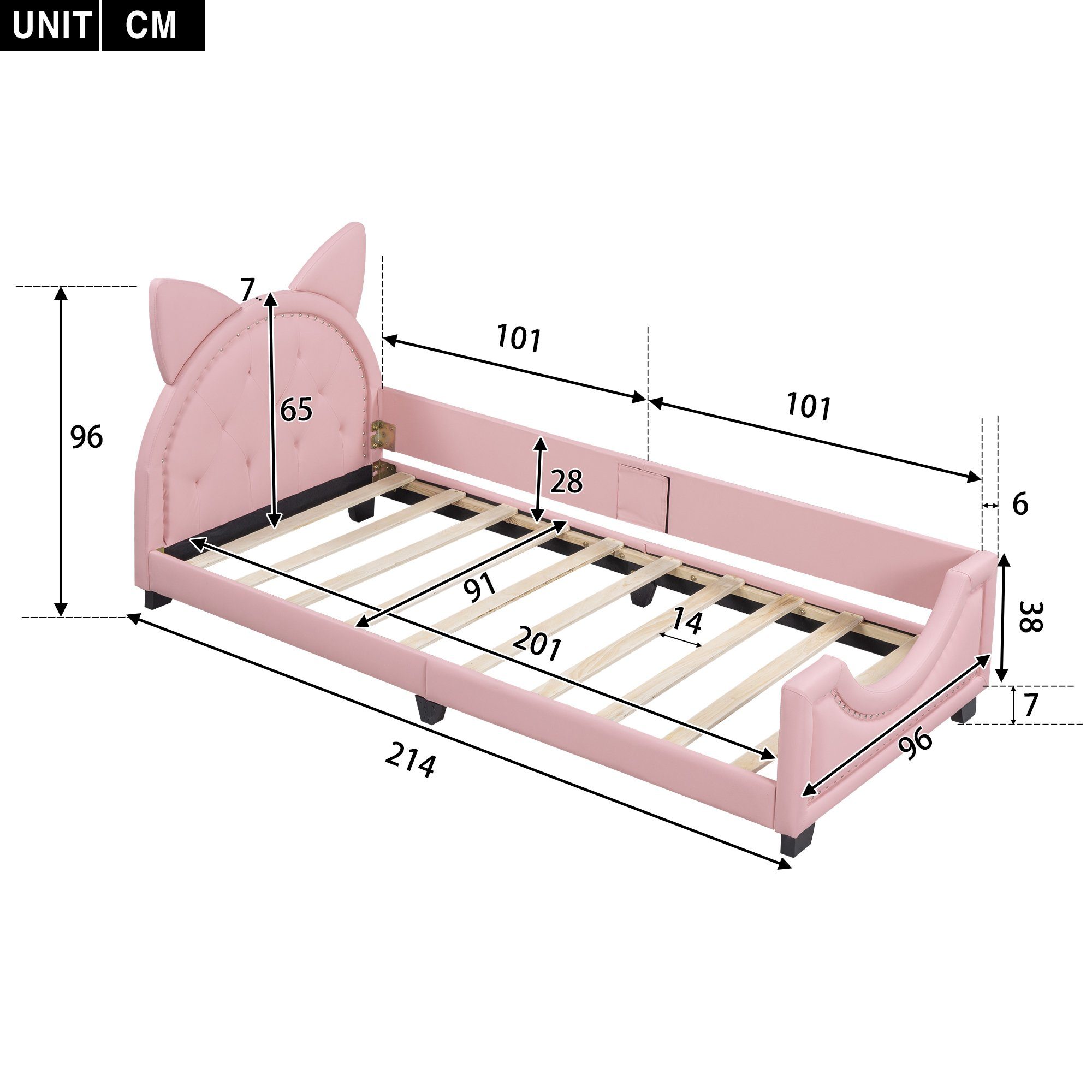 Flieks Polsterbett, Kinderbett Einzelbett mit Karton-Ohren Kunstleder 90x200cm