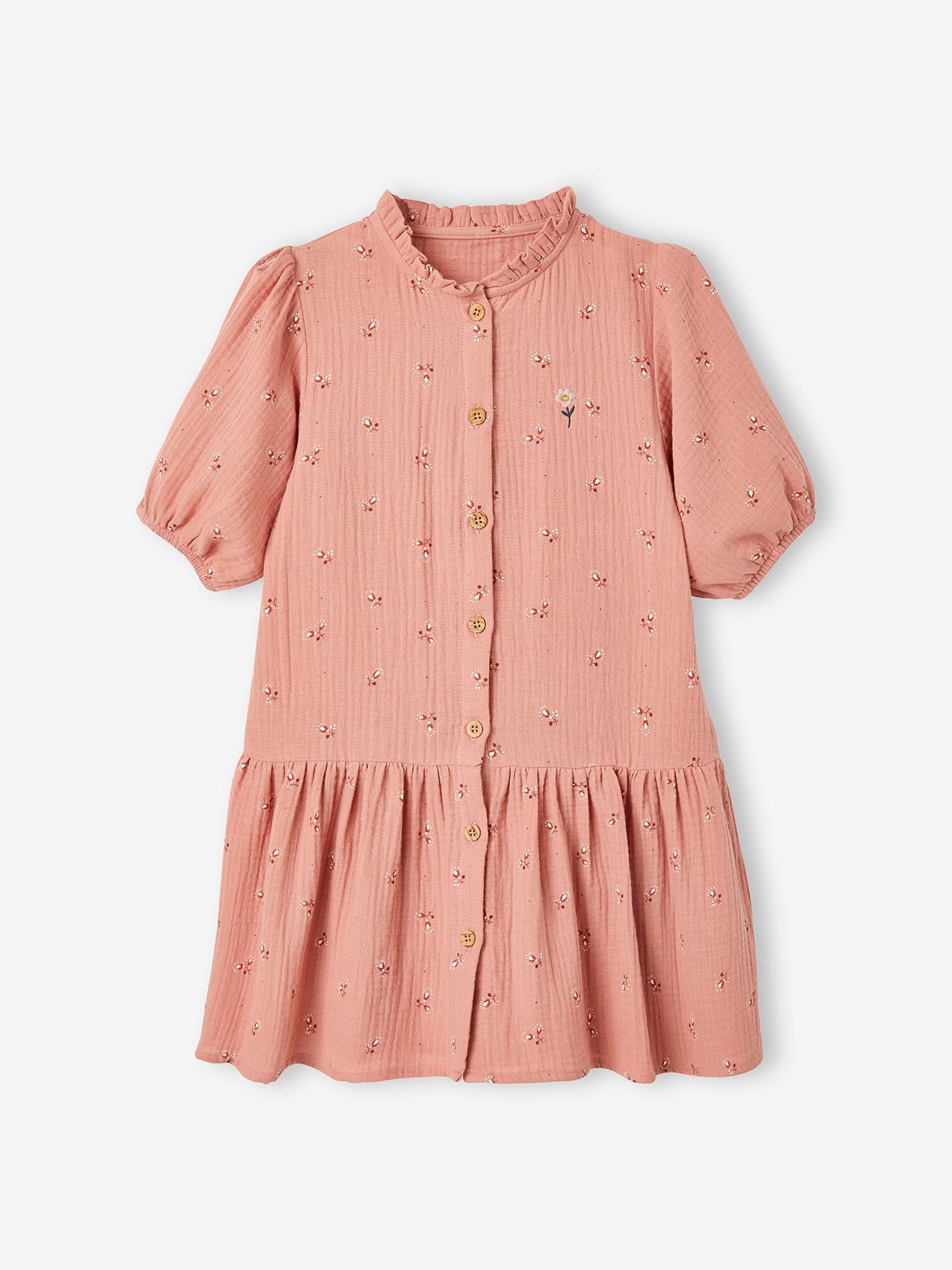 Robe boutonnée en gaze de coton fille manches 3/4 moutarde