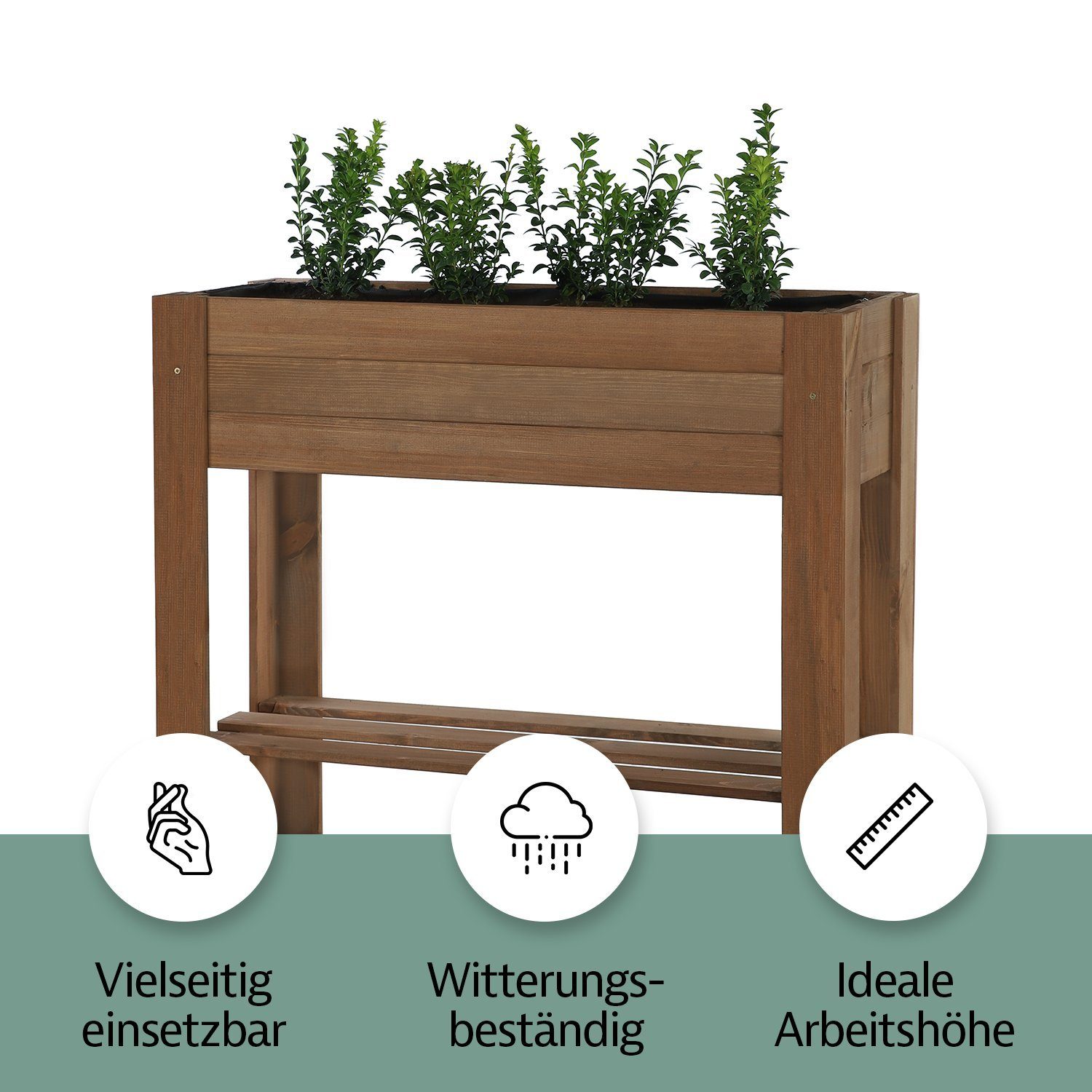 Zestri Hochbeet Kräuterbeet mit Ablage Holz Gemüsebeet Blumenkasten rechteckig Balkon, Kiefernholz, mit Ablage