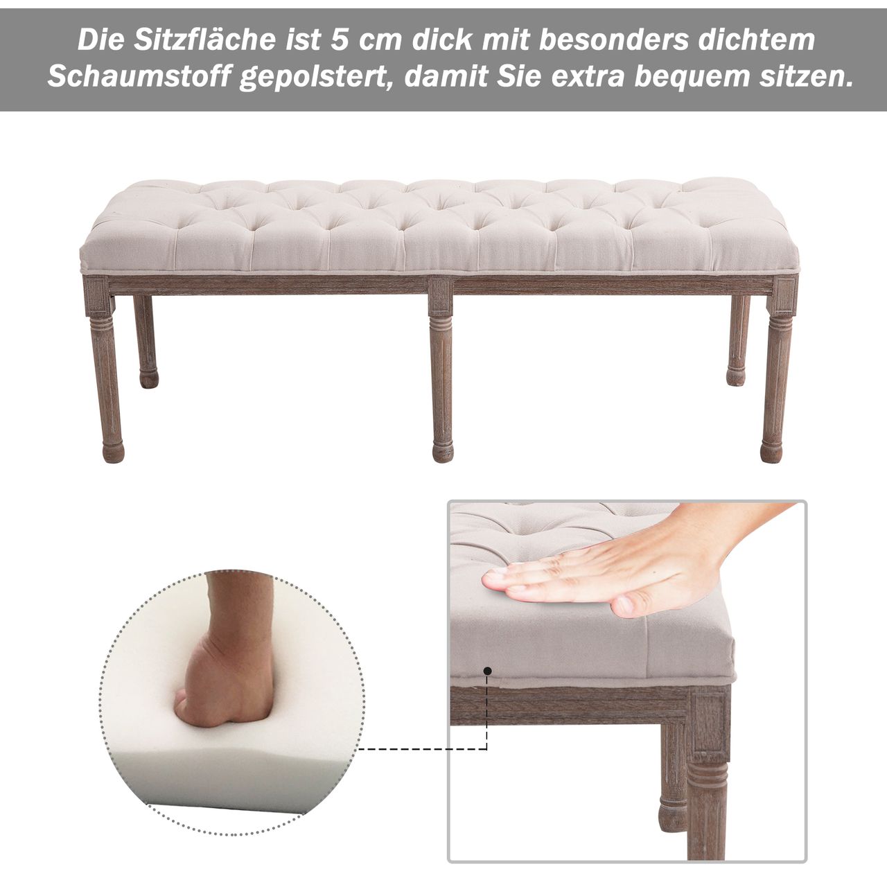 HOMCOM Polsterbank Sitzbank Lounge Sitzhocker Vintage Retro mit Knöpfen Leinen   Holz beige 142 x 47 x 51 cm