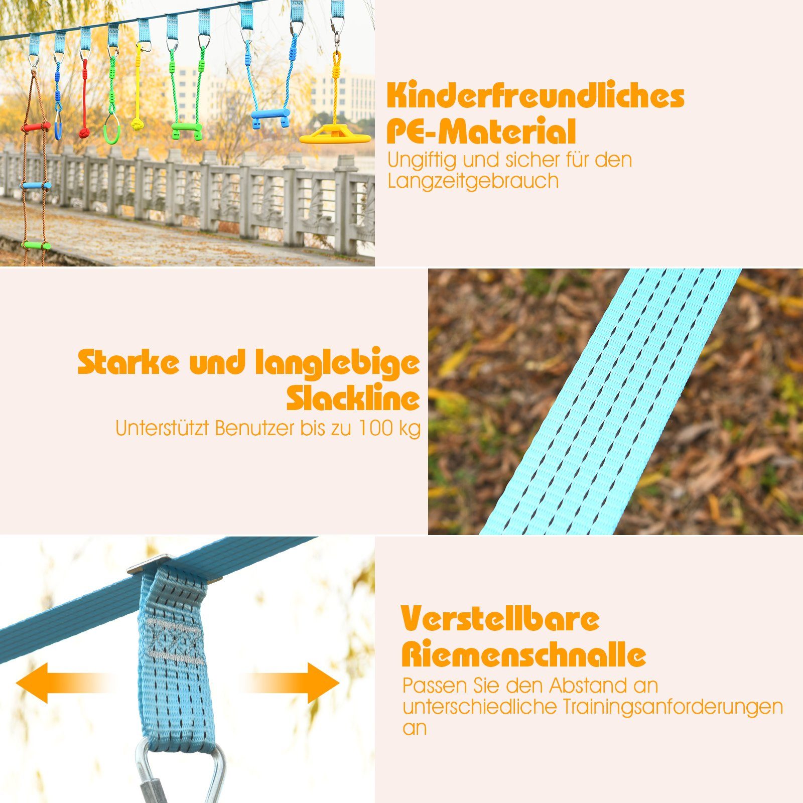 COSTWAY Slackline, 15m Kinder Ninja-Hindernis-Set hängende 9 Hindernisse