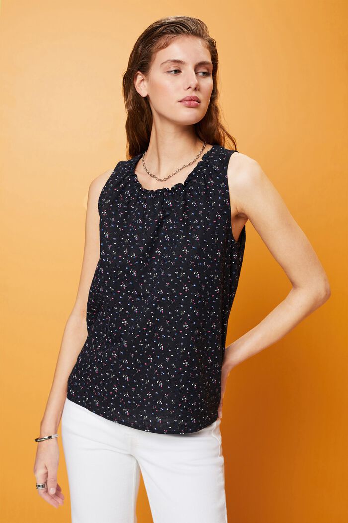 Ärmellose Leinenbluse mit floralem Print