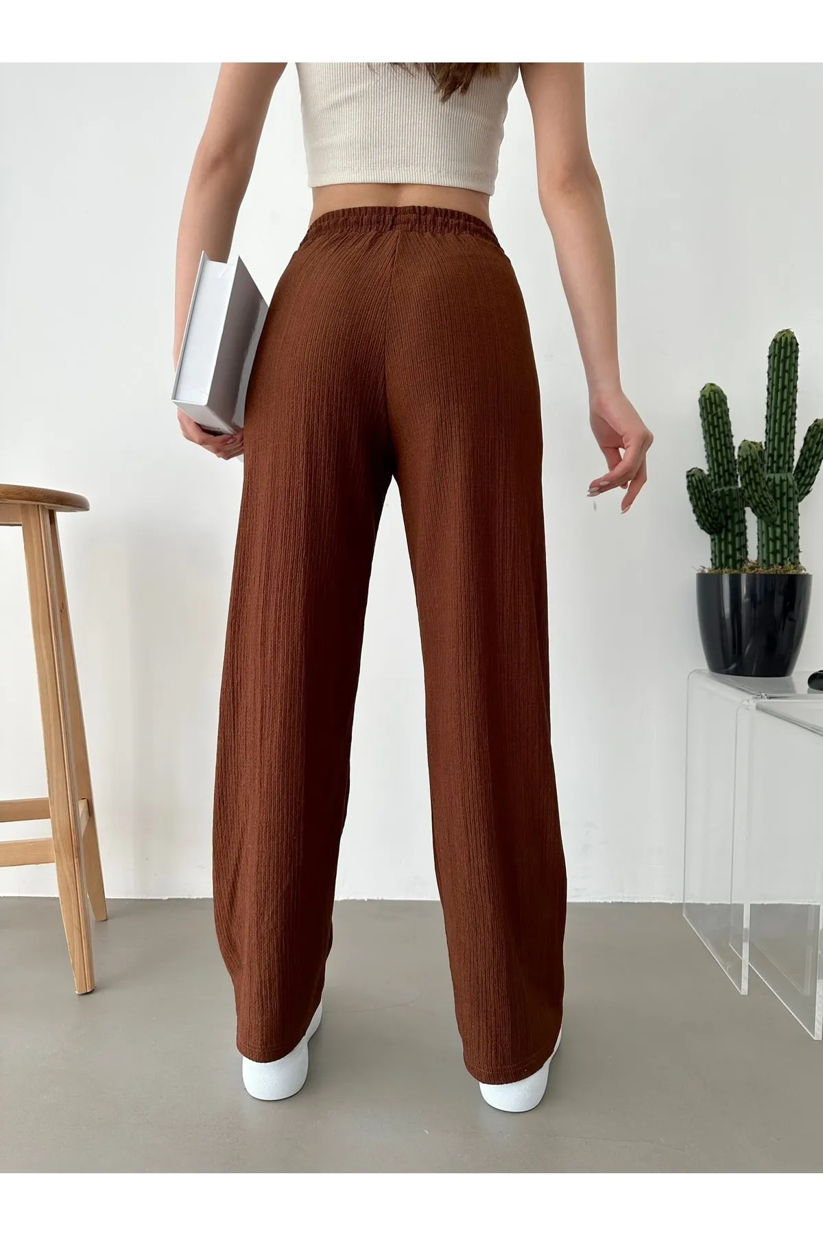BEJNA  Braune Palazzo-Hose mit elastischem Bund für Damen