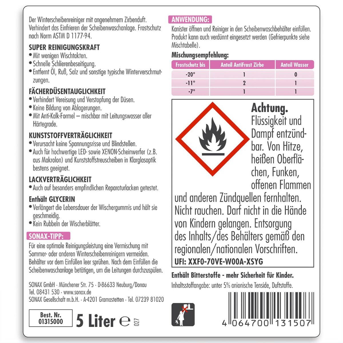 SONAX AntiFrost&KlarSicht bis -20°C Zirbe 5L