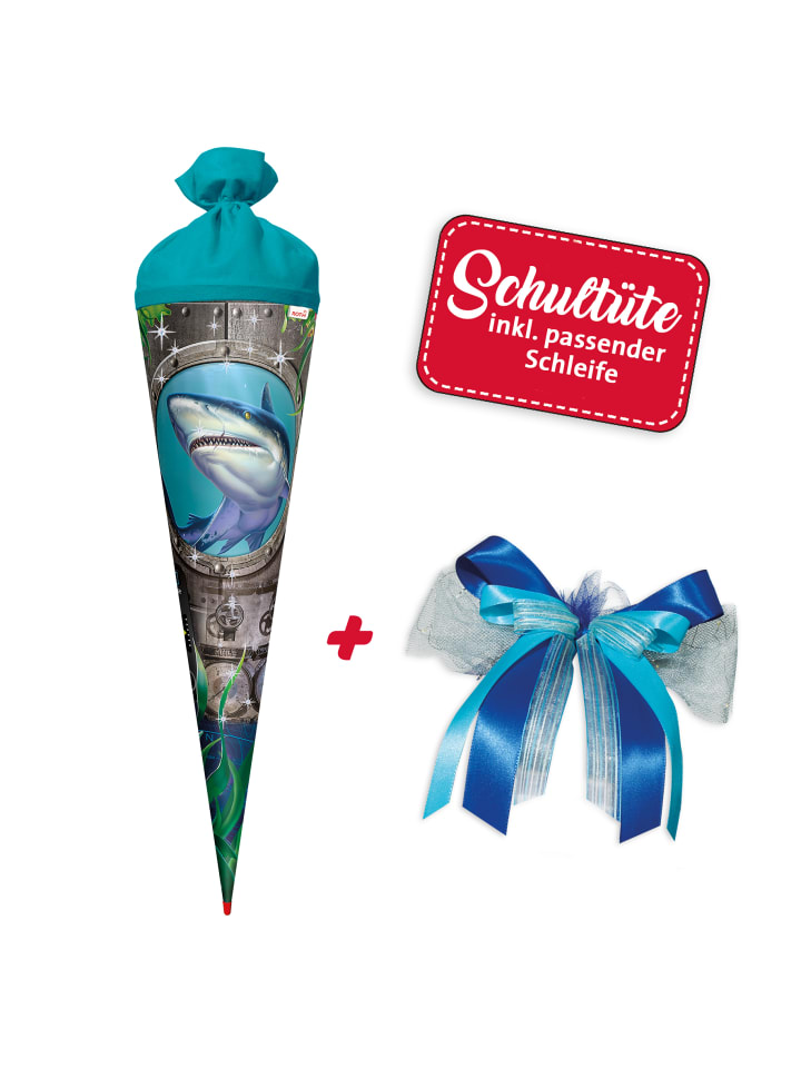 ROTH Set Schultüte groß Hai 70 cm, Folie mit Schleife in Bunt günstig kaufen onesize