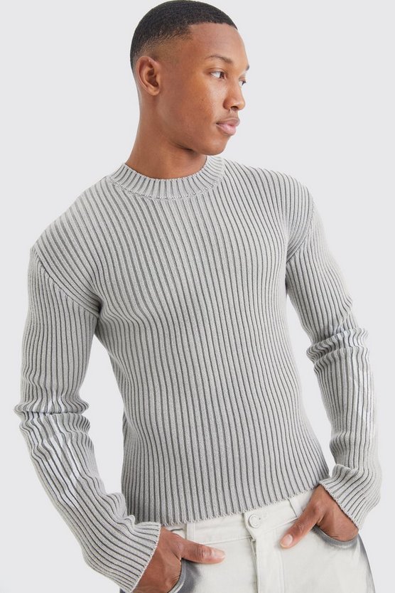 Gerippter Muscle-Fit Strickpullover mit Acid-Waschung